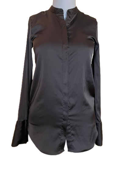 H&M Black Bell Cuff Button-Down Blouse with wide bell button cuffs and a button front, displayed on a mannequin.