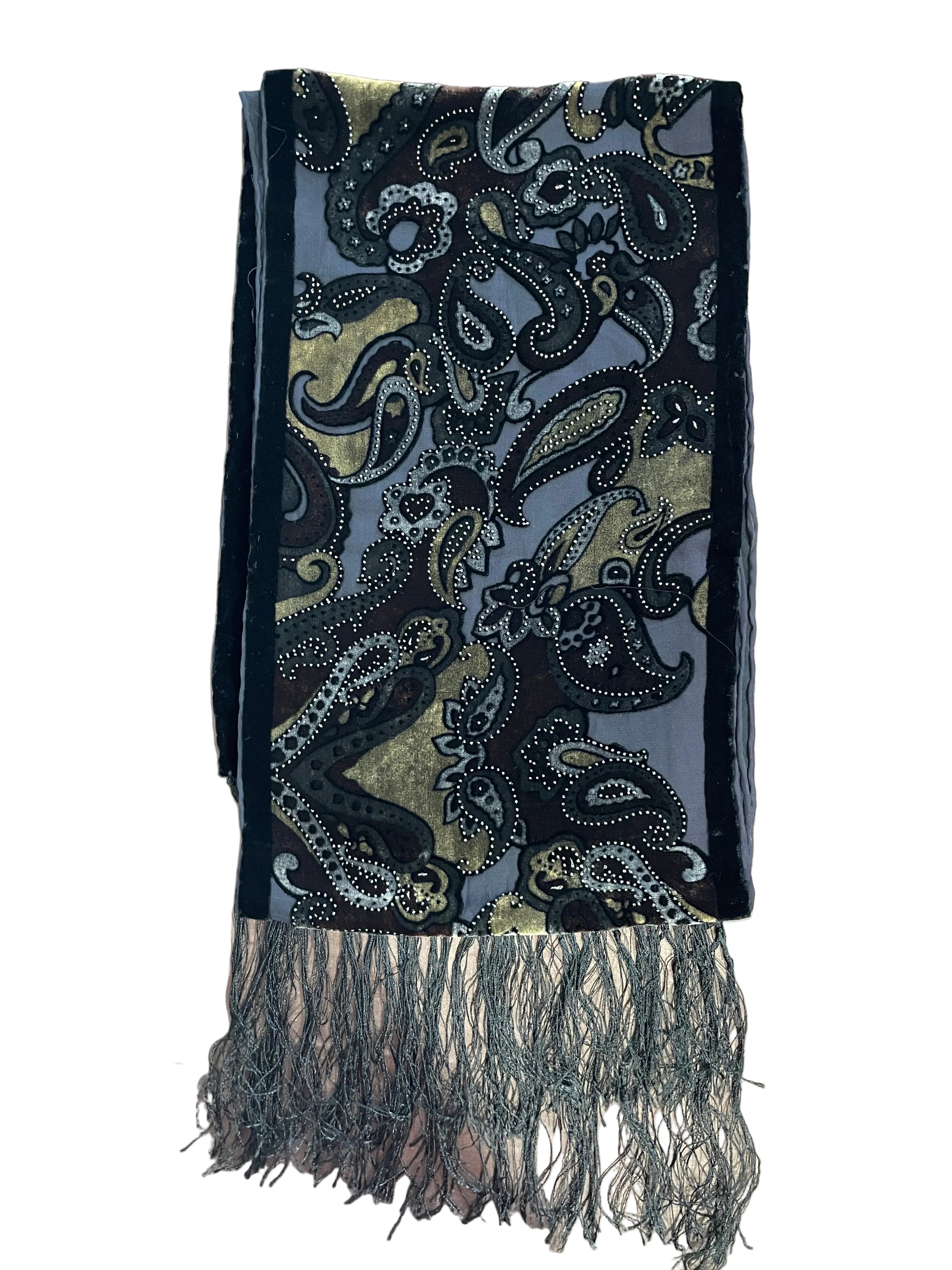 black velvet paisley beaded fringe scarf