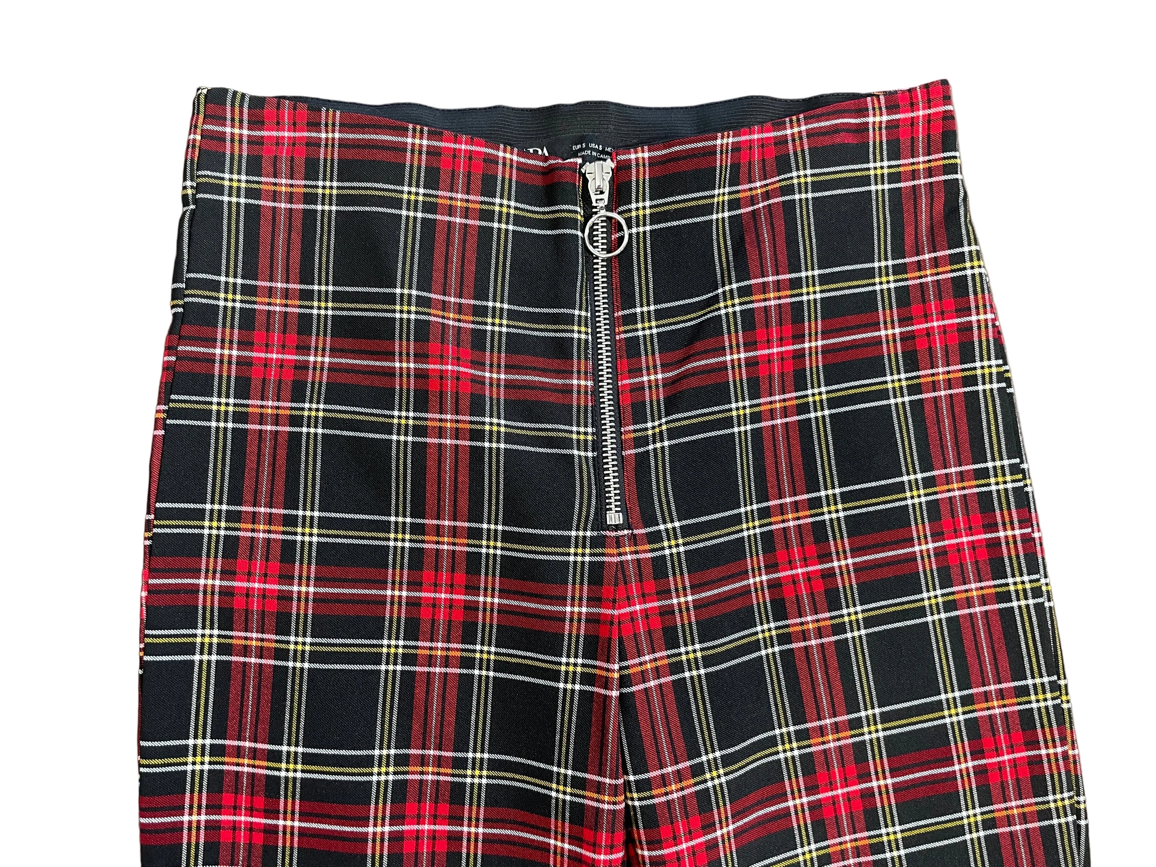 Zara small black and red plaid straight leg pants front view