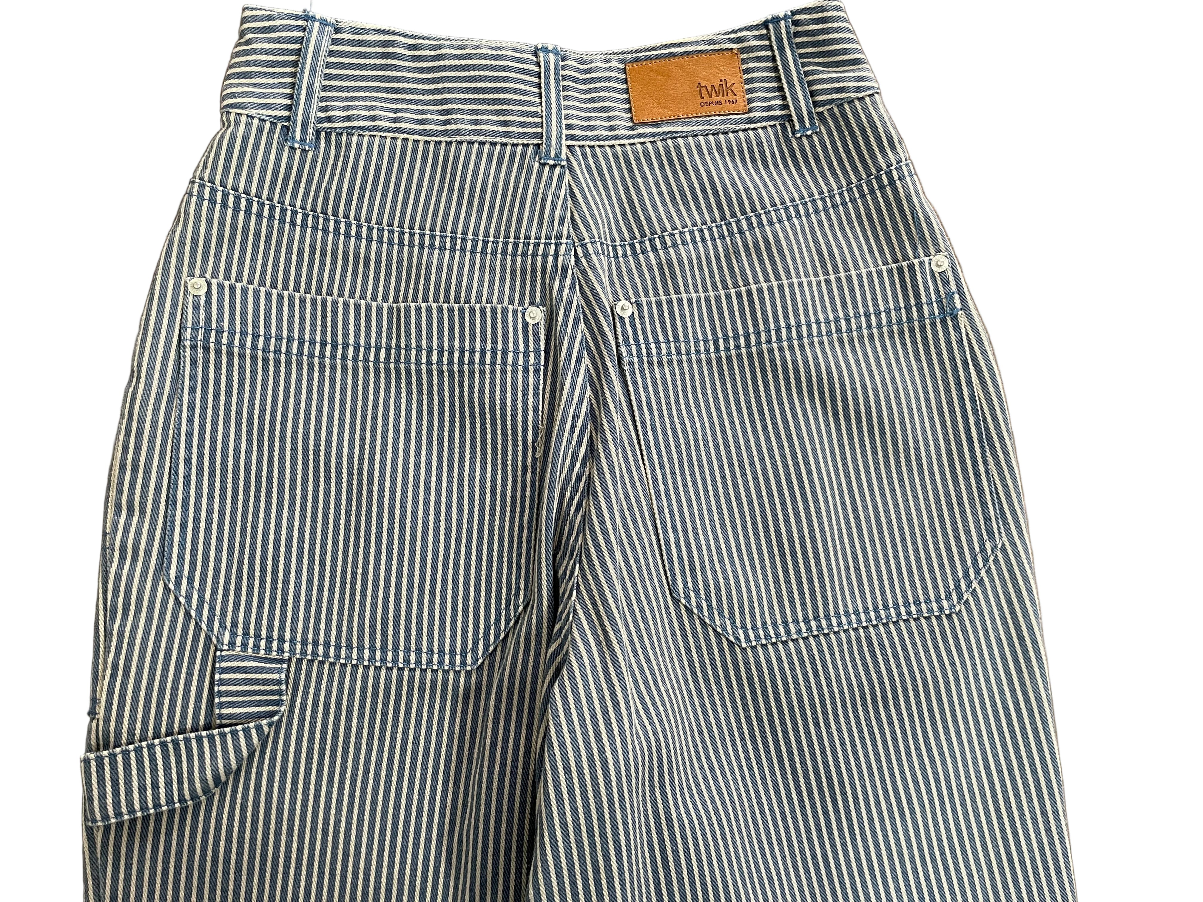 Twik by Simons Blue White Hickory Stripe Carpenter Jeans Back Utility Pockets Sizes 24 25