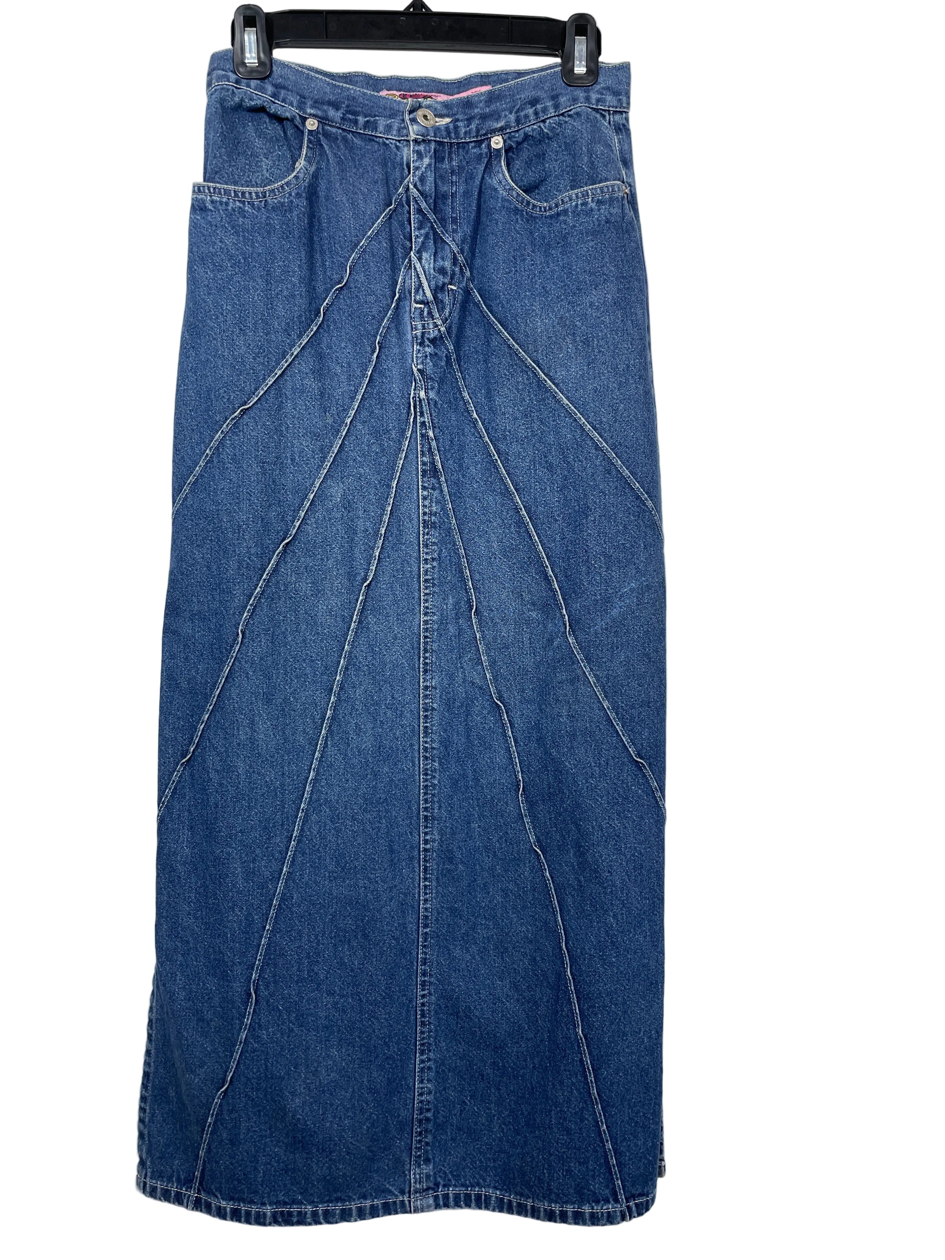Small Vintage Me and You Blue Denim Maxi Skirt Front Panel Seam Detail
