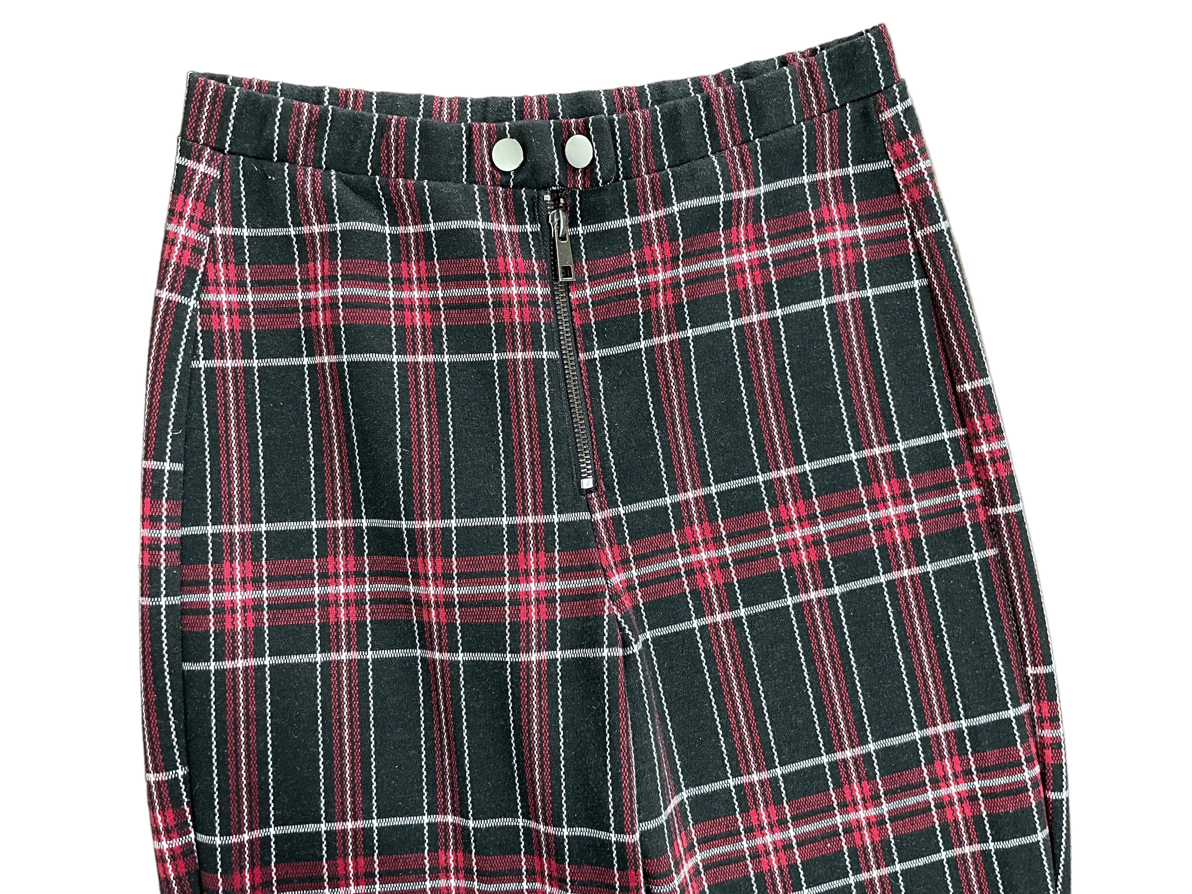 Black red plaid pants double snap waistband exposed front zipper