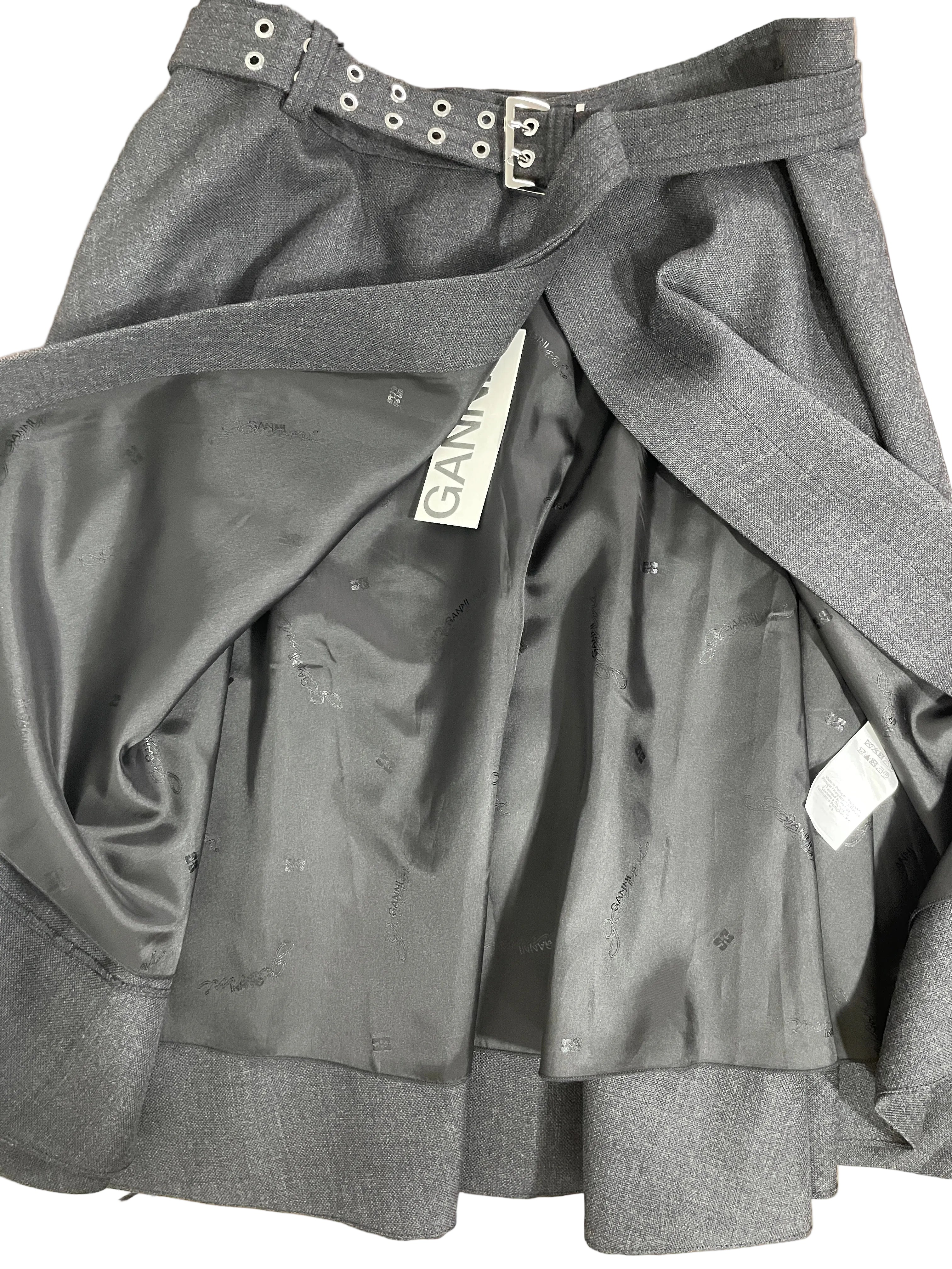 Small GANNI Phantom Grey Wool Suiting Wrap Skirt Interior GANNI Logo Lining
