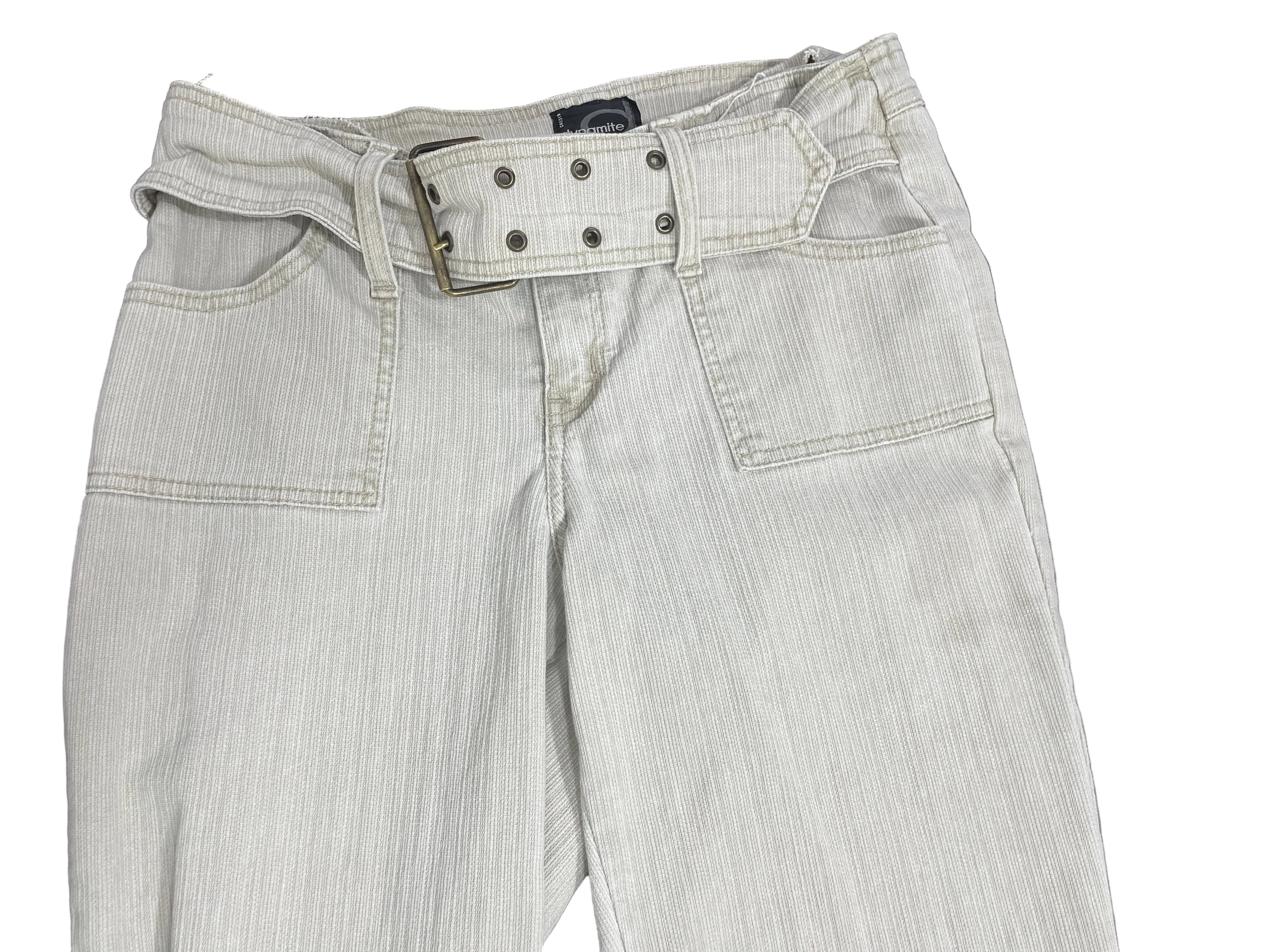 Size 7 Vintage Dynamite Beige Pinstripe Belted Flare Pants Front View