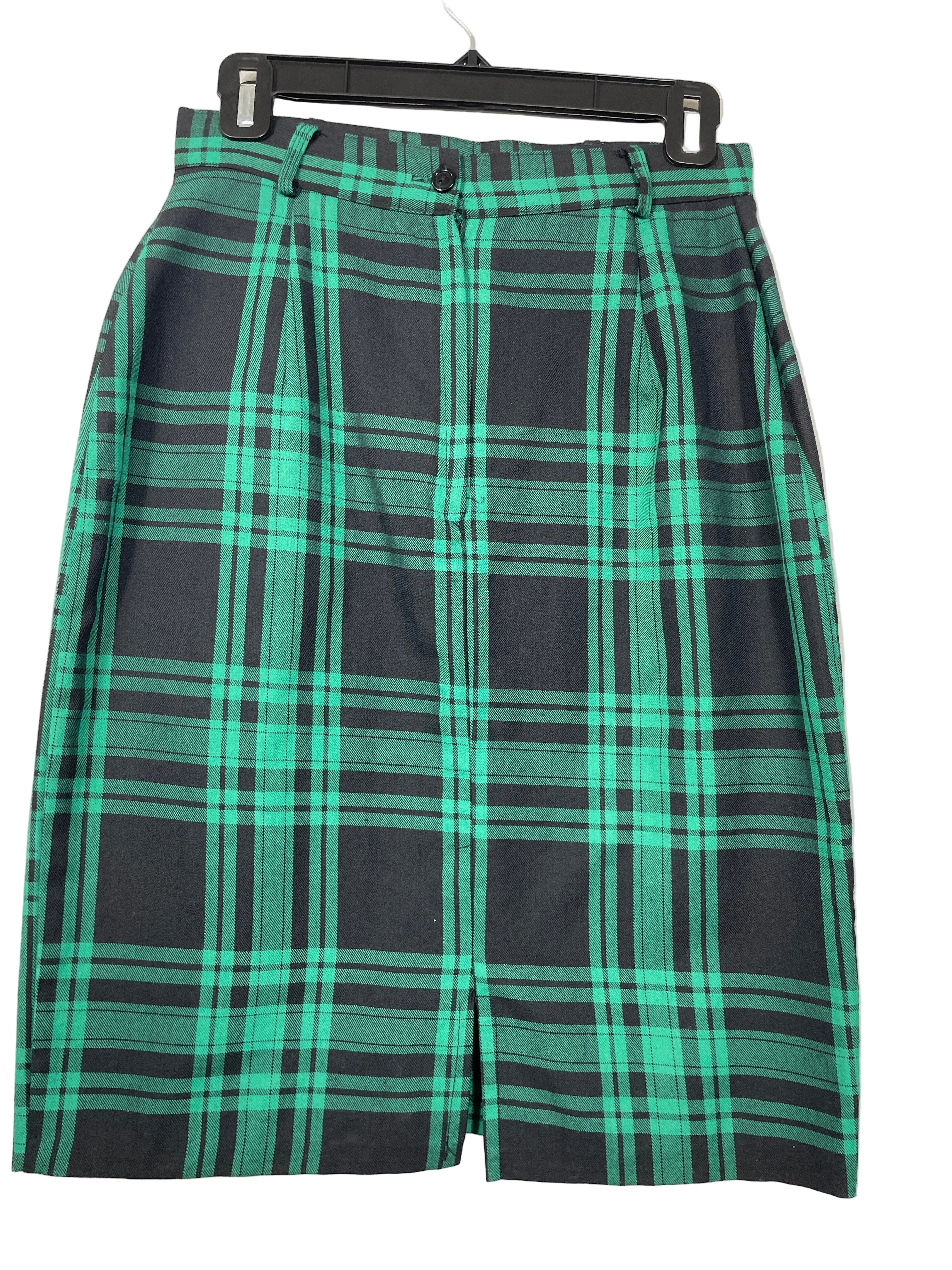 Size 9 Vintage Chez Carmen Green Black Plaid Midi Skirt Back