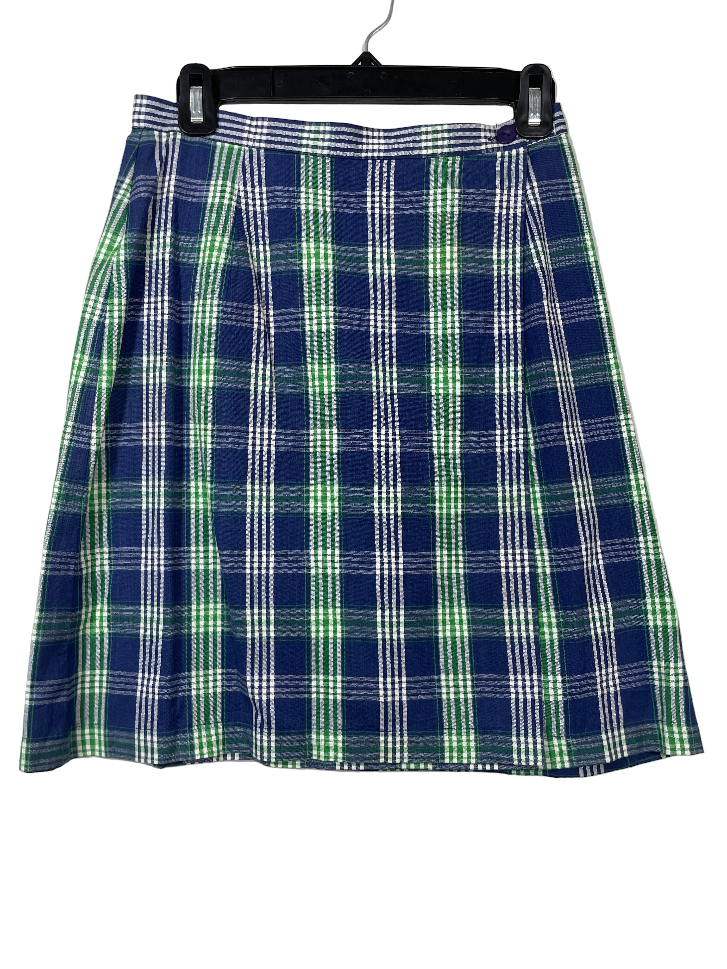 Size 8 Vintage St Michael Marks & Spencer Blue Green Plaid Cotton Wrap Skirt Front
