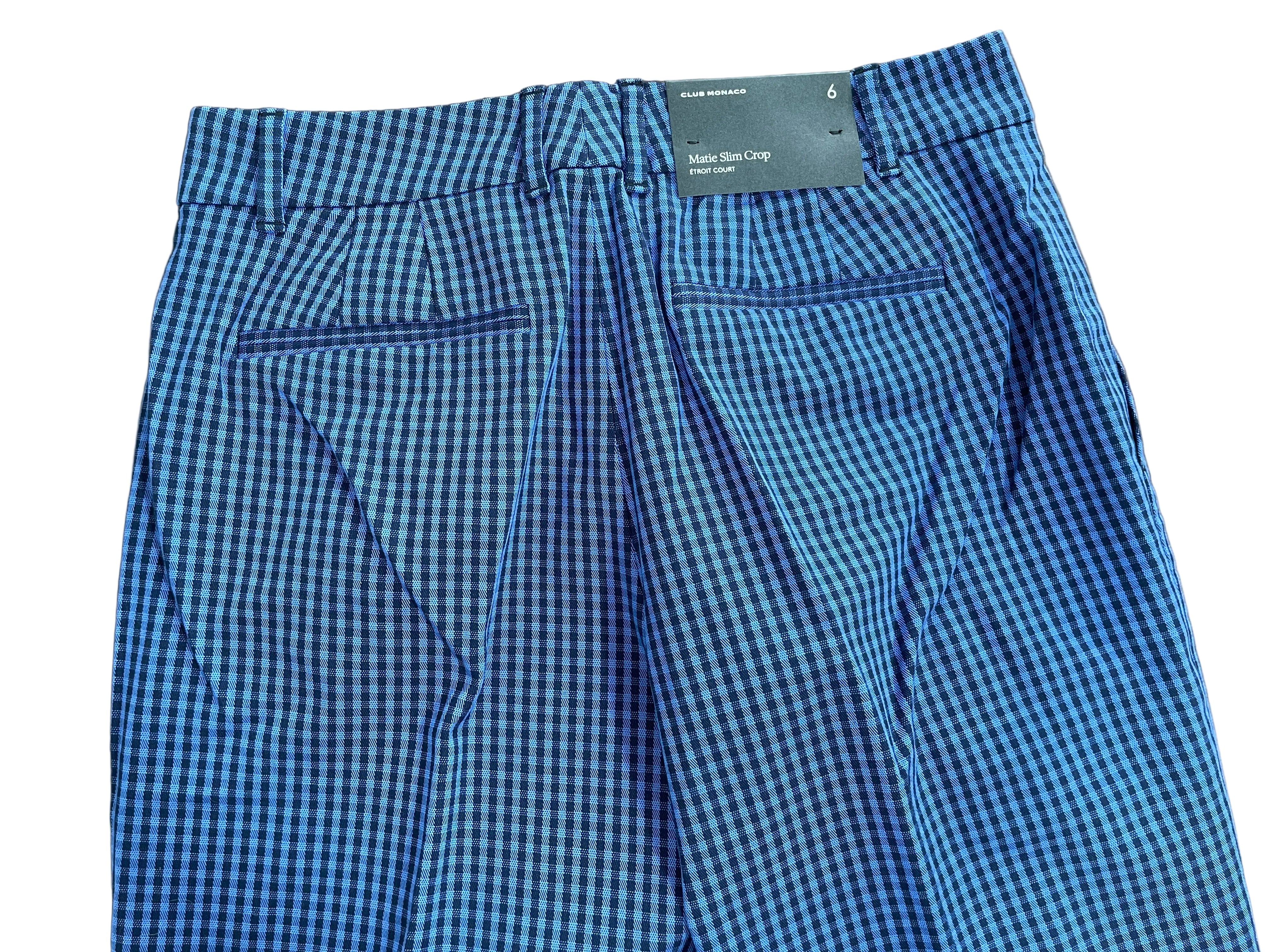 1. Size 6 Club Monaco Blue Navy Check Matie Slim Crop Pants Back Welt Pockets
