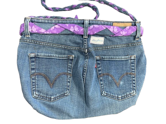 Sassy Dezines Handmade Upcycled Levi's Denim Bag Purple Butterfly Lined Interior