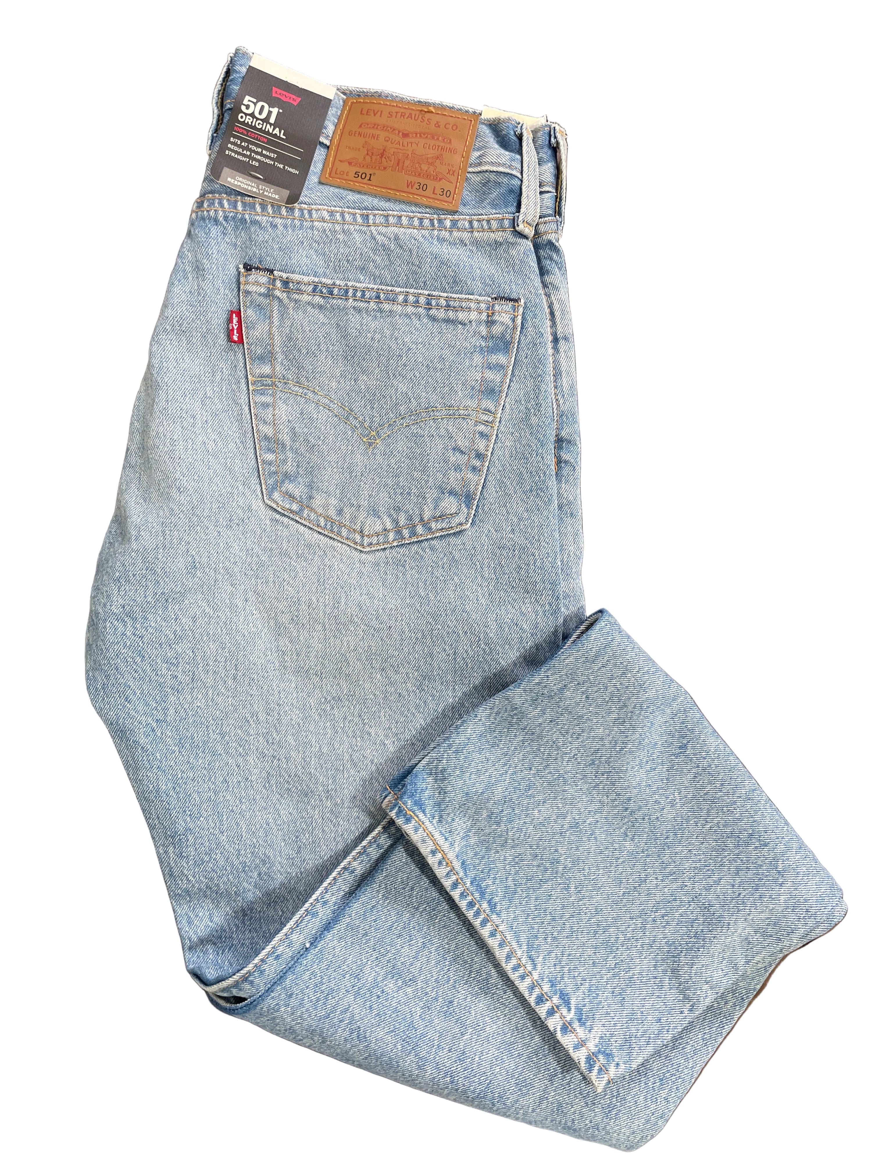 Size 30 Levi's 501 Original light wash blue straight leg jeans back view