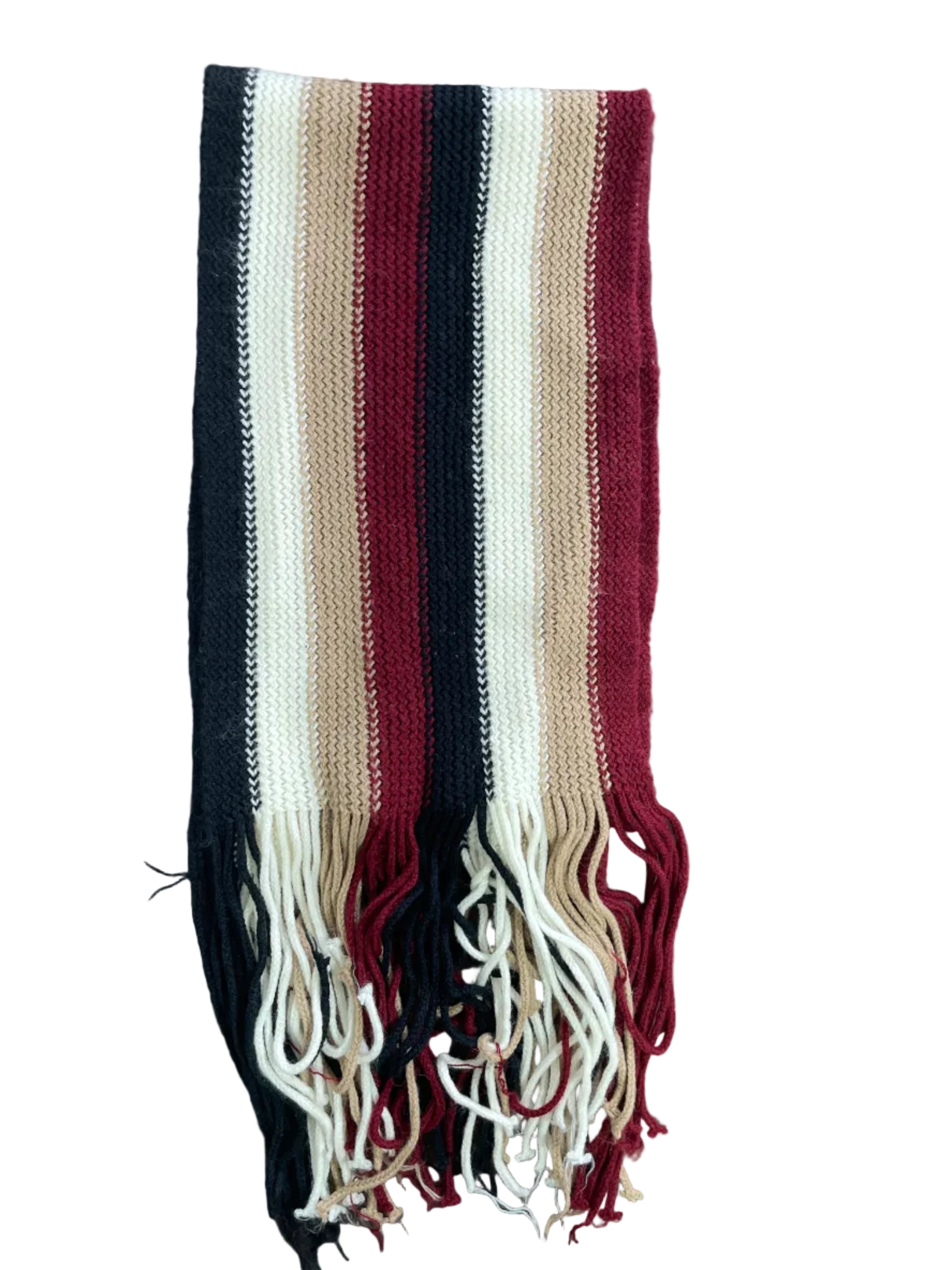 Essentials black burgundy tan ivory striped knit fringe scarf full view