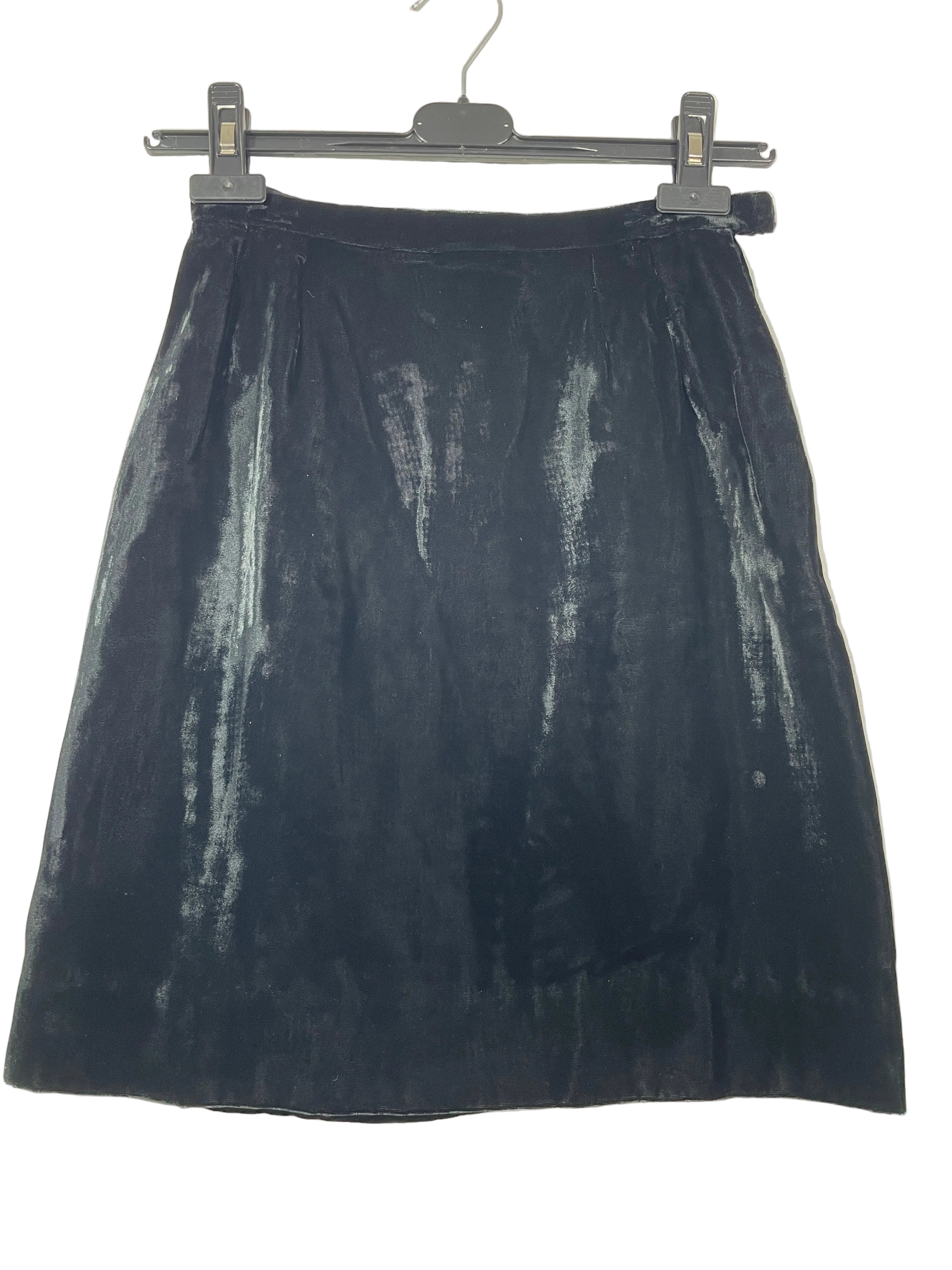 Size XS black velvet A-line knee length skirt front view with soft shimmering fabric