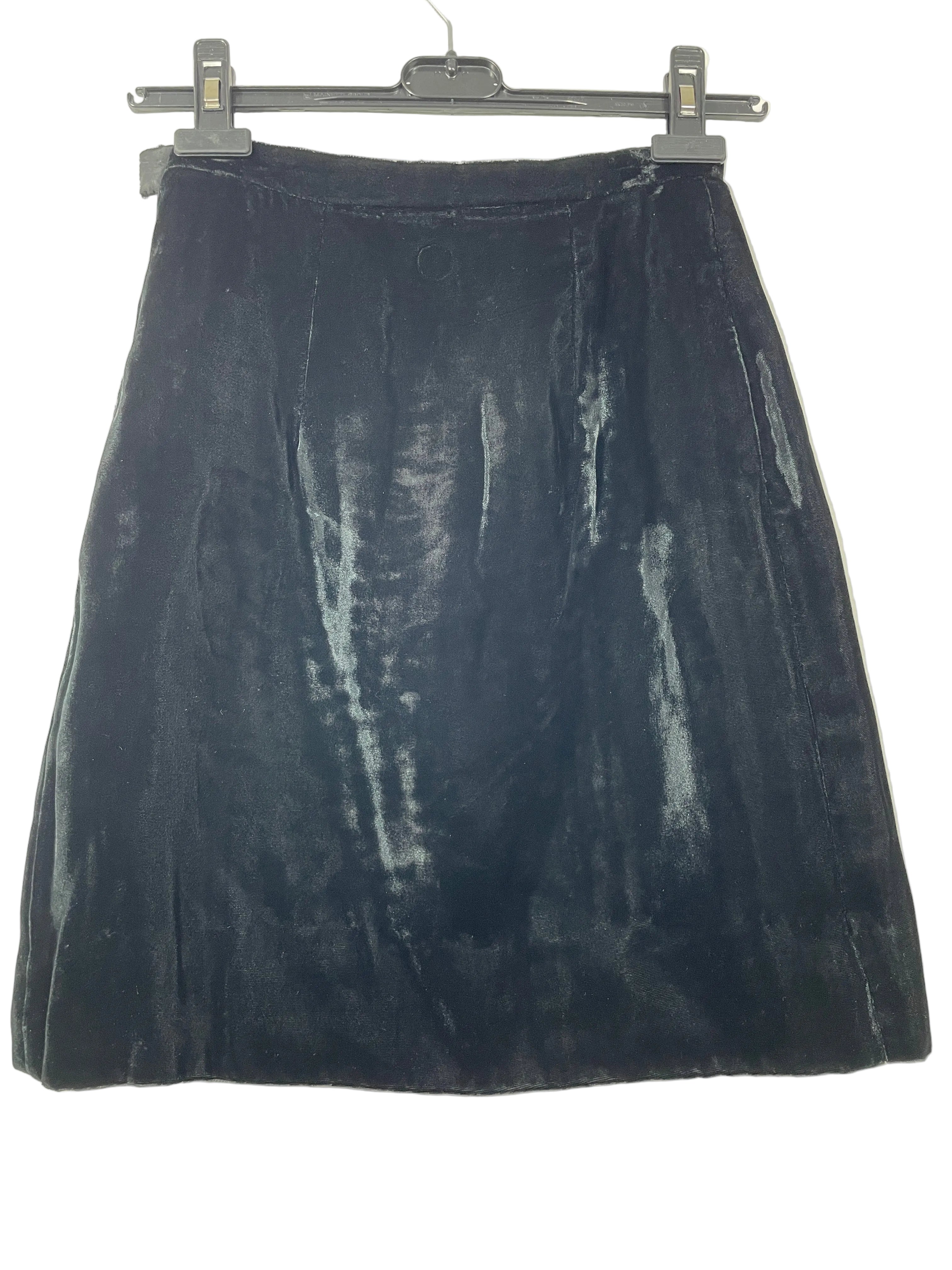 1. Size XS black velvet A-line skirt back view with fitted waistband and flared silhouette