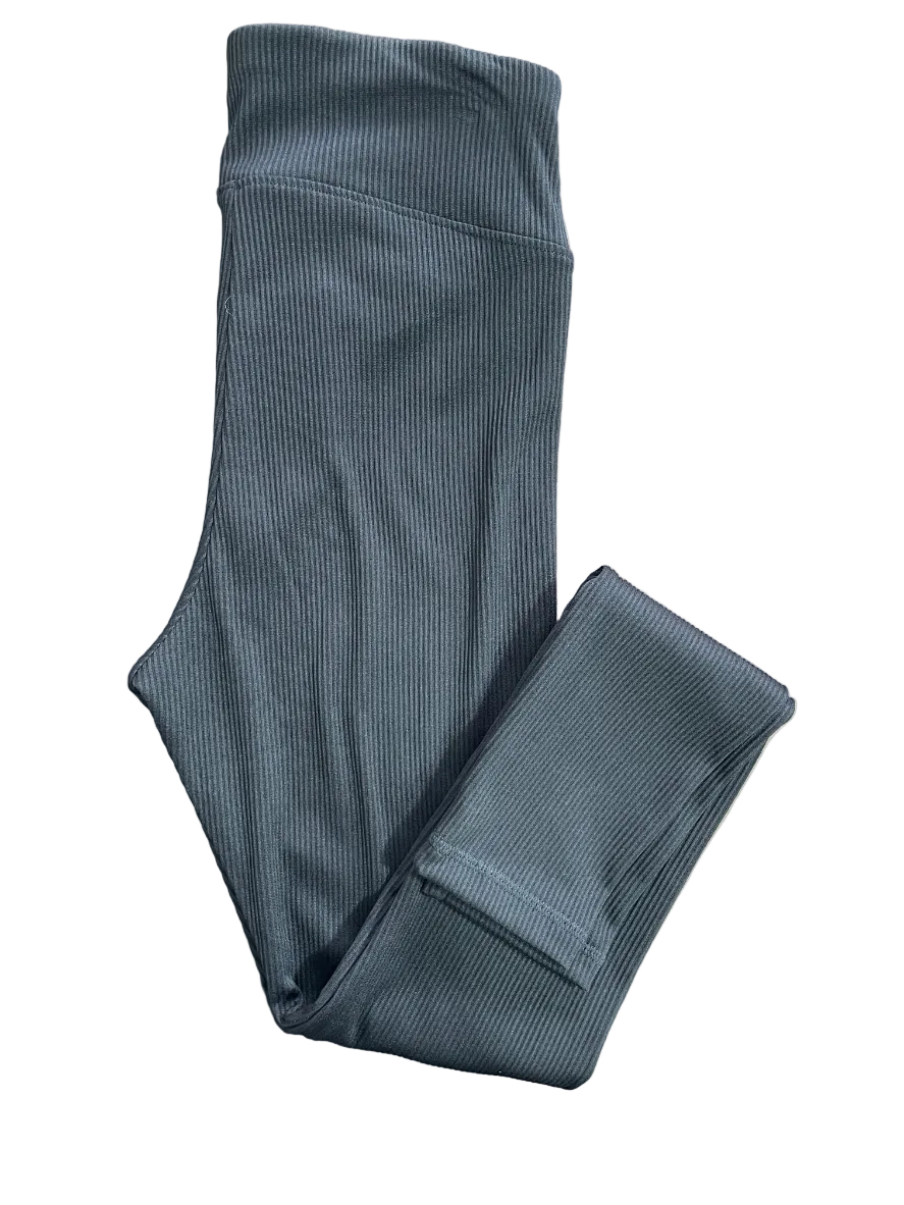 Size S H&M Divided charcoal grey ribbed leggings folded view with crossover waistband
