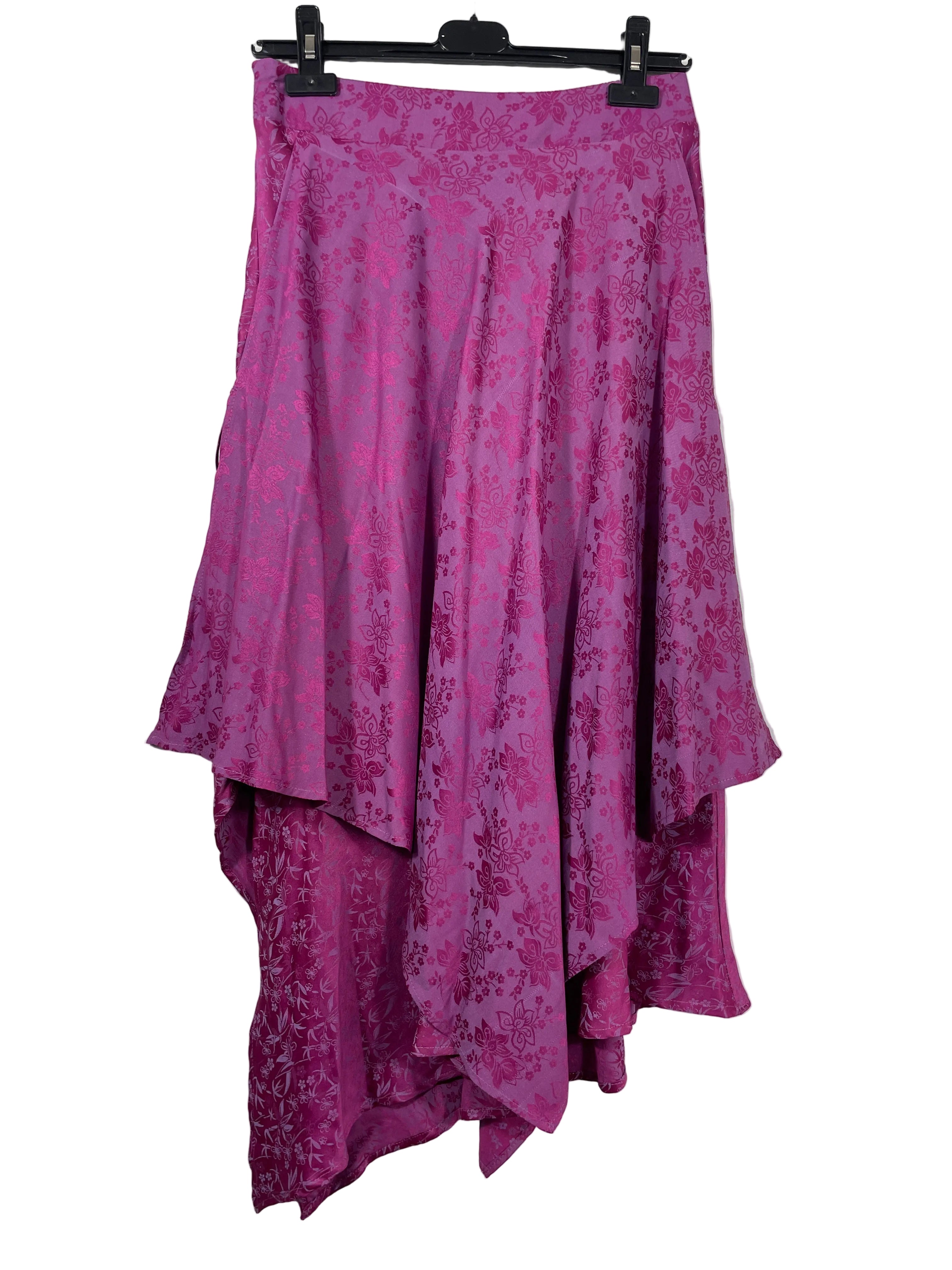 Size Small pink purple floral boho midi skirt layered handkerchief hem front view