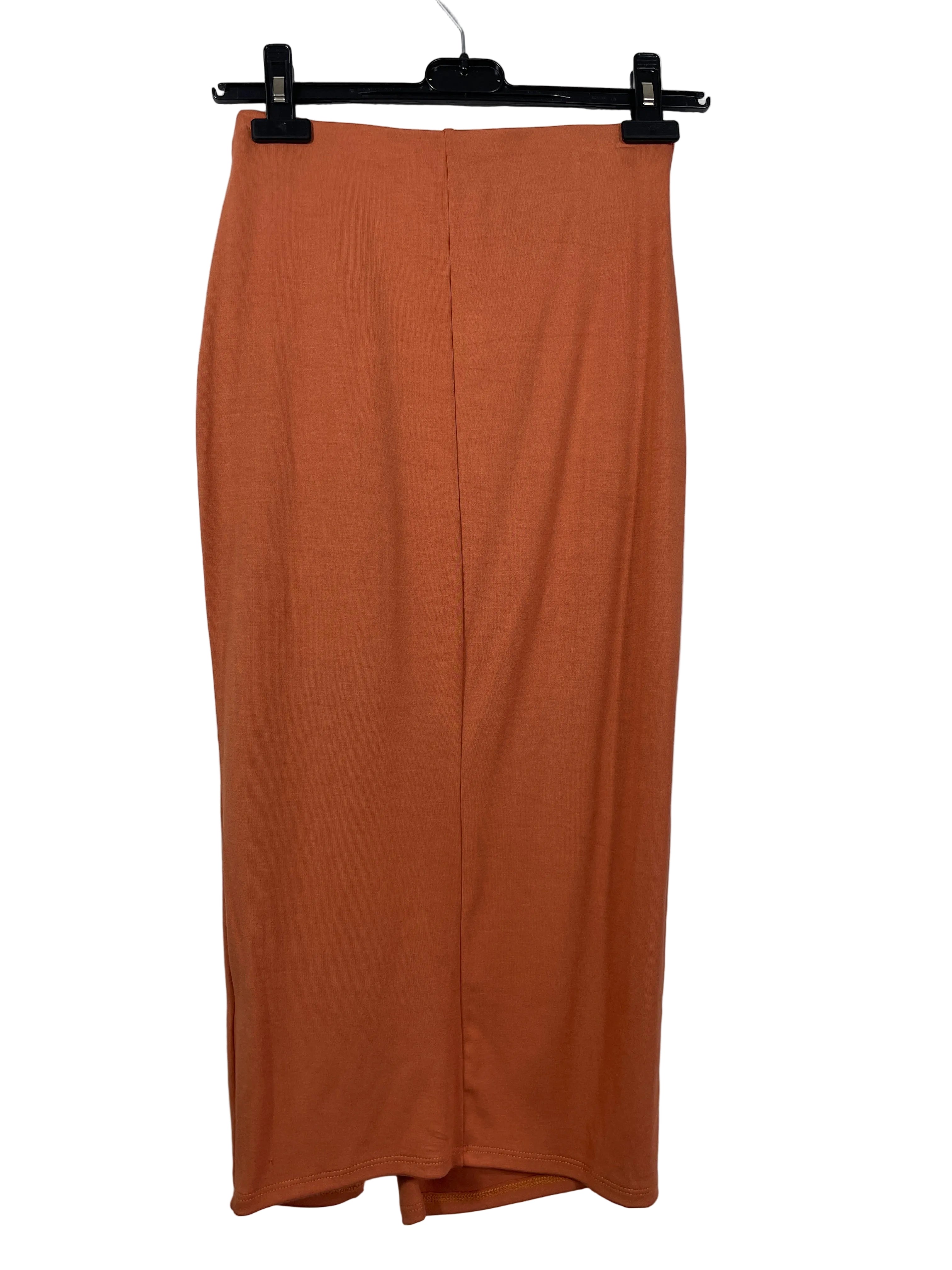 Size Small LBLC The Label terracotta stretch knit midi skirt back view