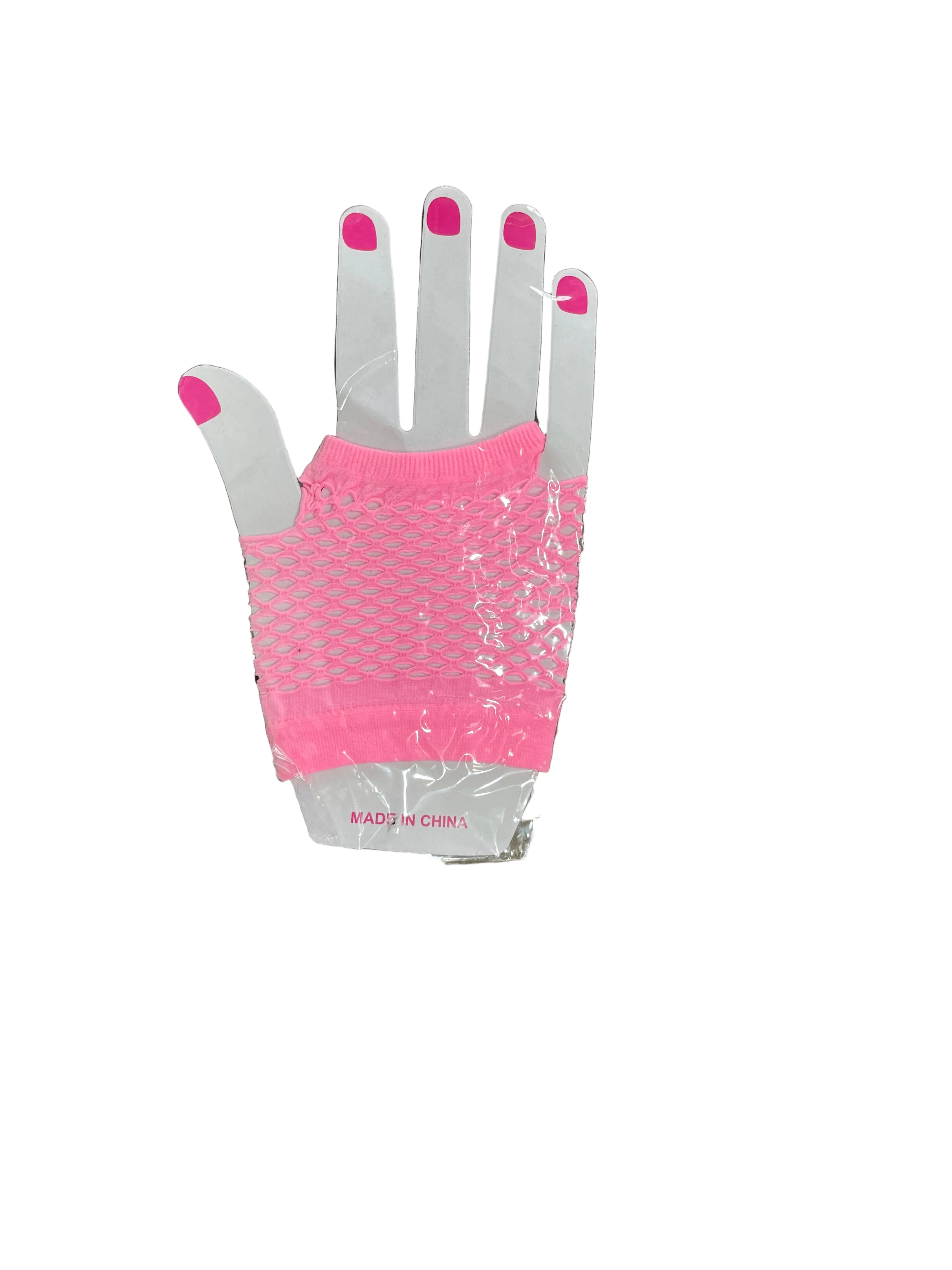 Neon pink fishnet fingerless gloves 80s retro costume accessories new in packaging front view