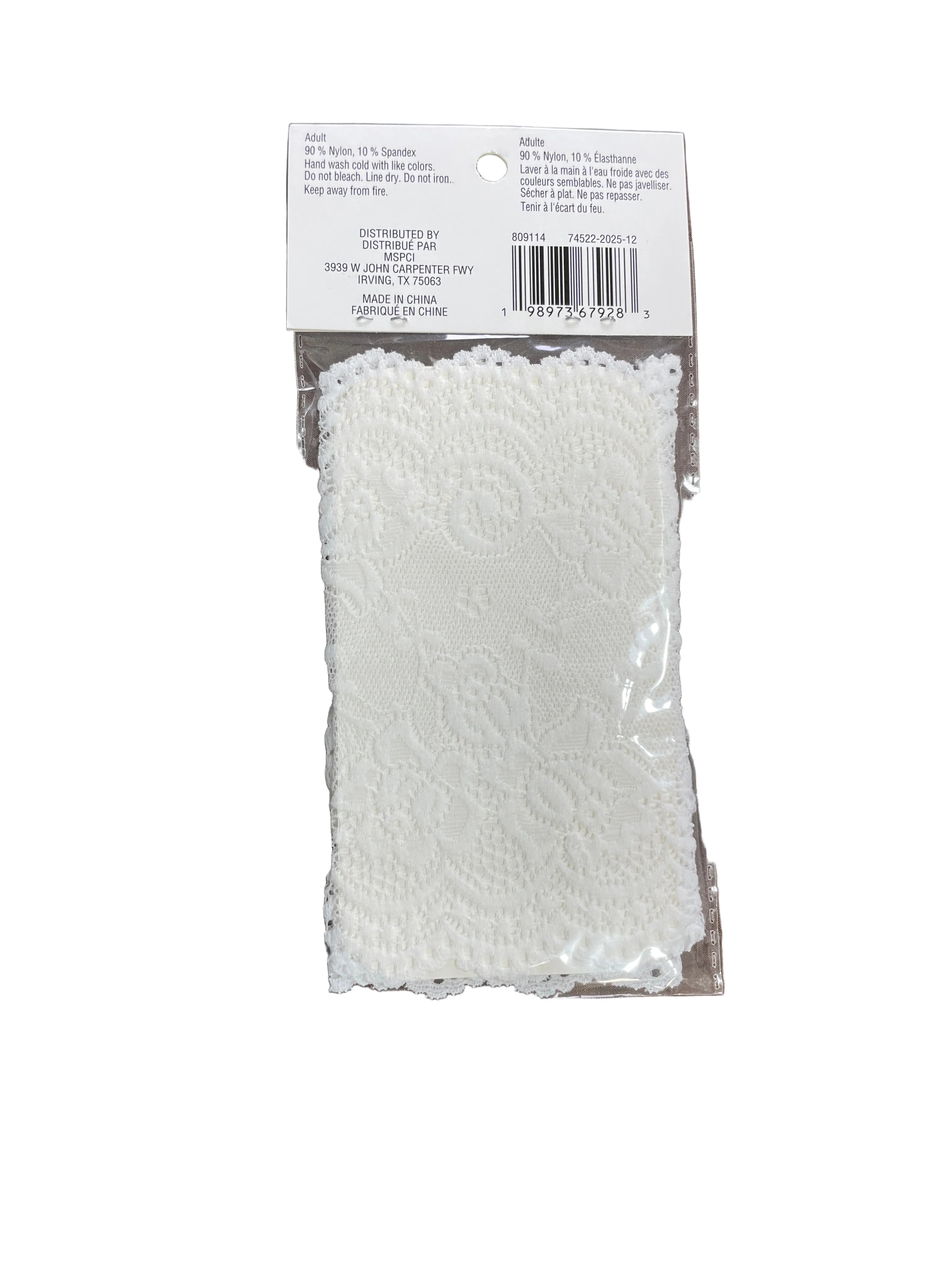 White floral lace gloves adult nylon spandex material and care label back packaging