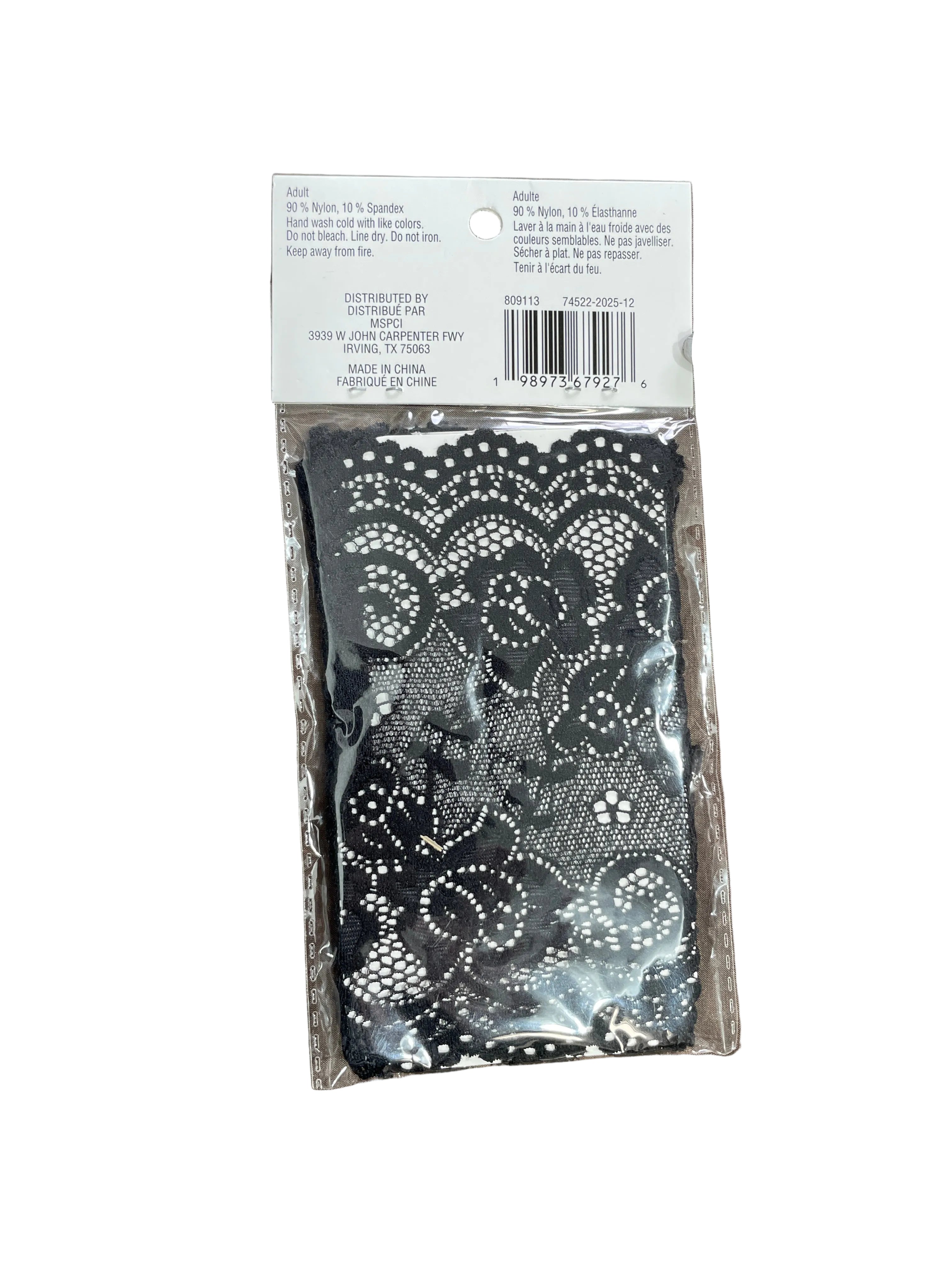 1. Black floral lace gloves adult nylon spandex material and care label back packaging