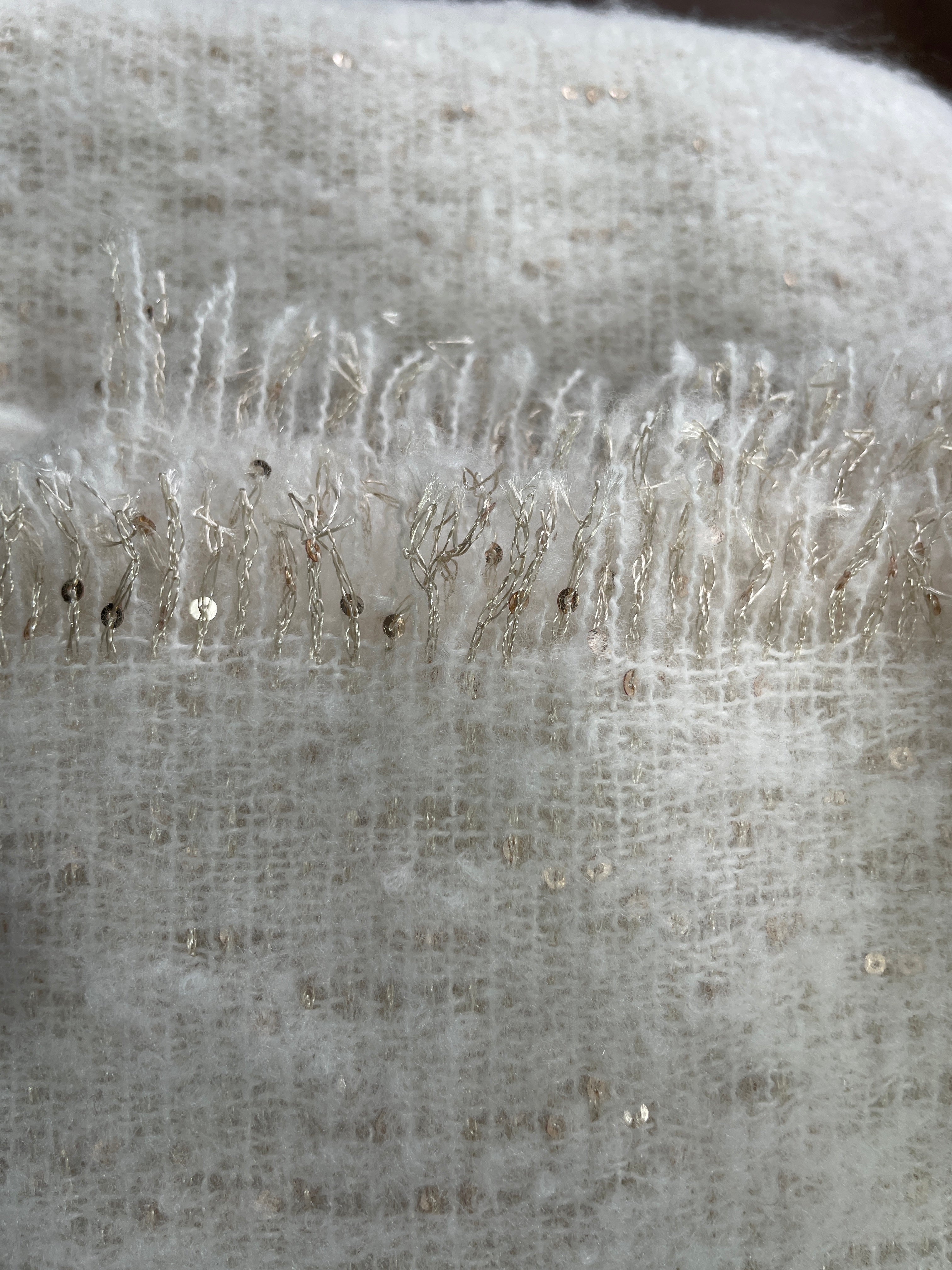 ONLY Onldesi cream ivory scarf one size close up of short fringed edge with gold sequins