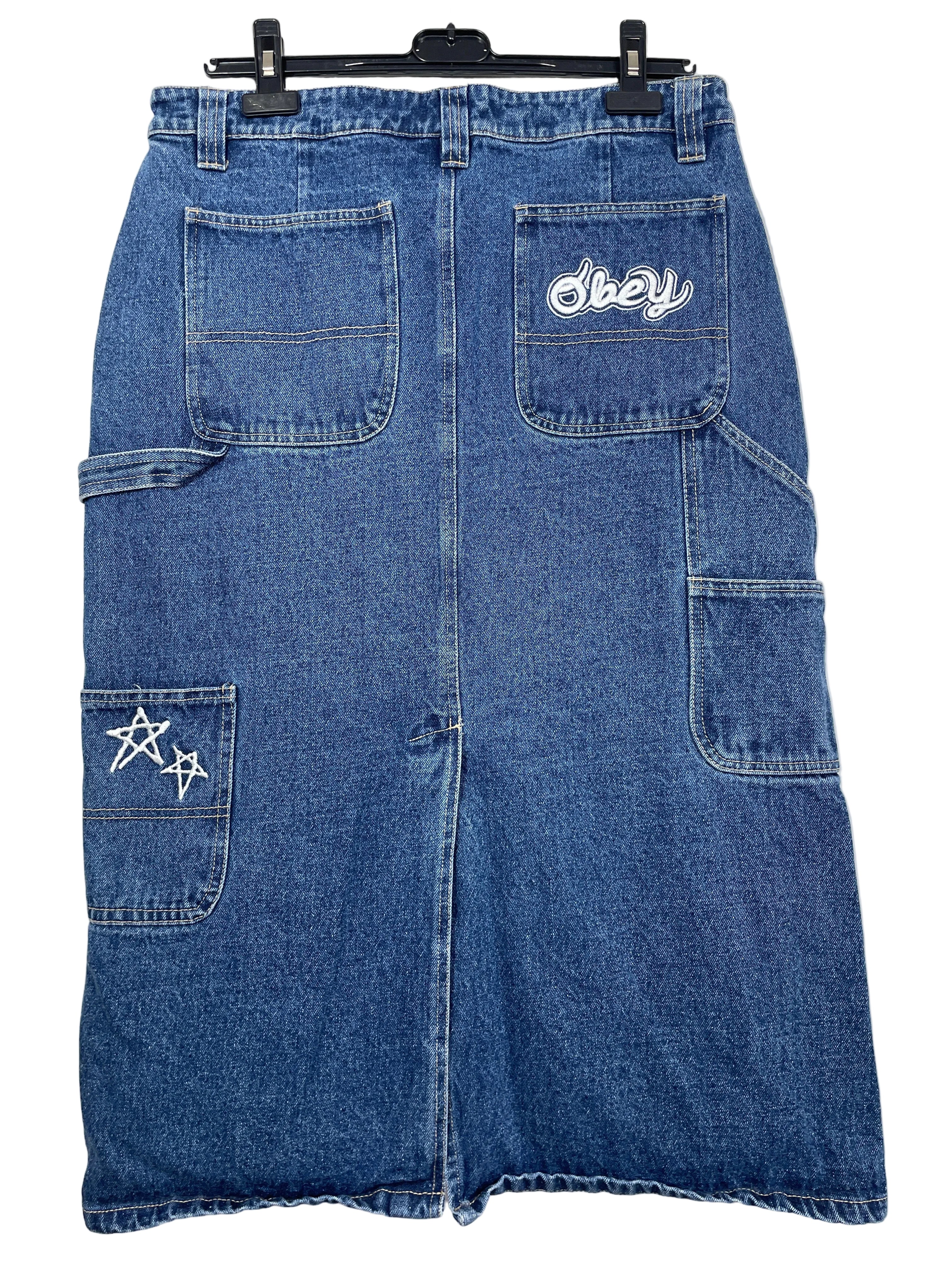Size 32 OBEY blue carpenter denim skirt back patch pockets and star embroidery
