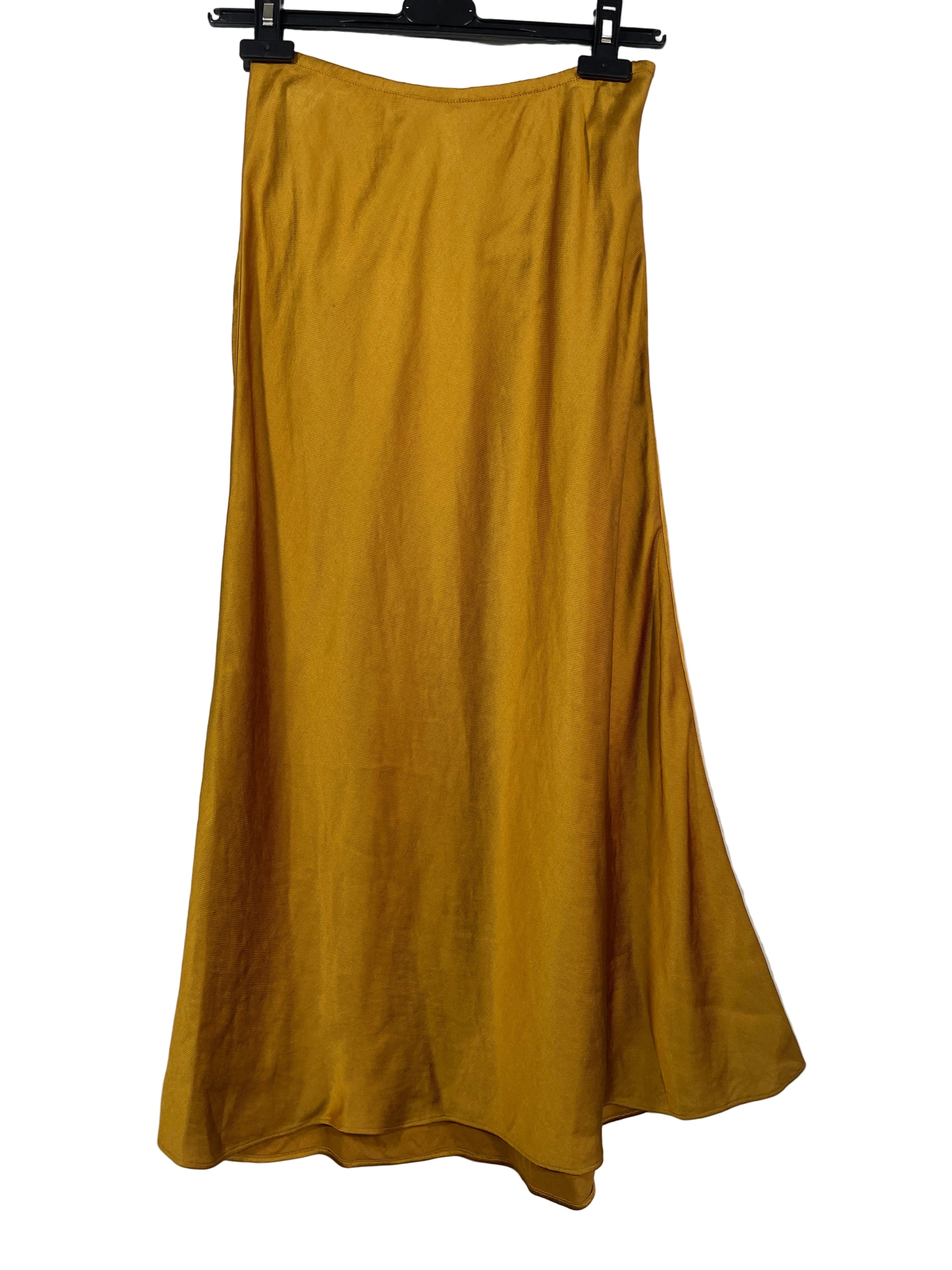 Club Monaco gold bias-cut midi skirt size 00 front view showing elegant flowing silhouette