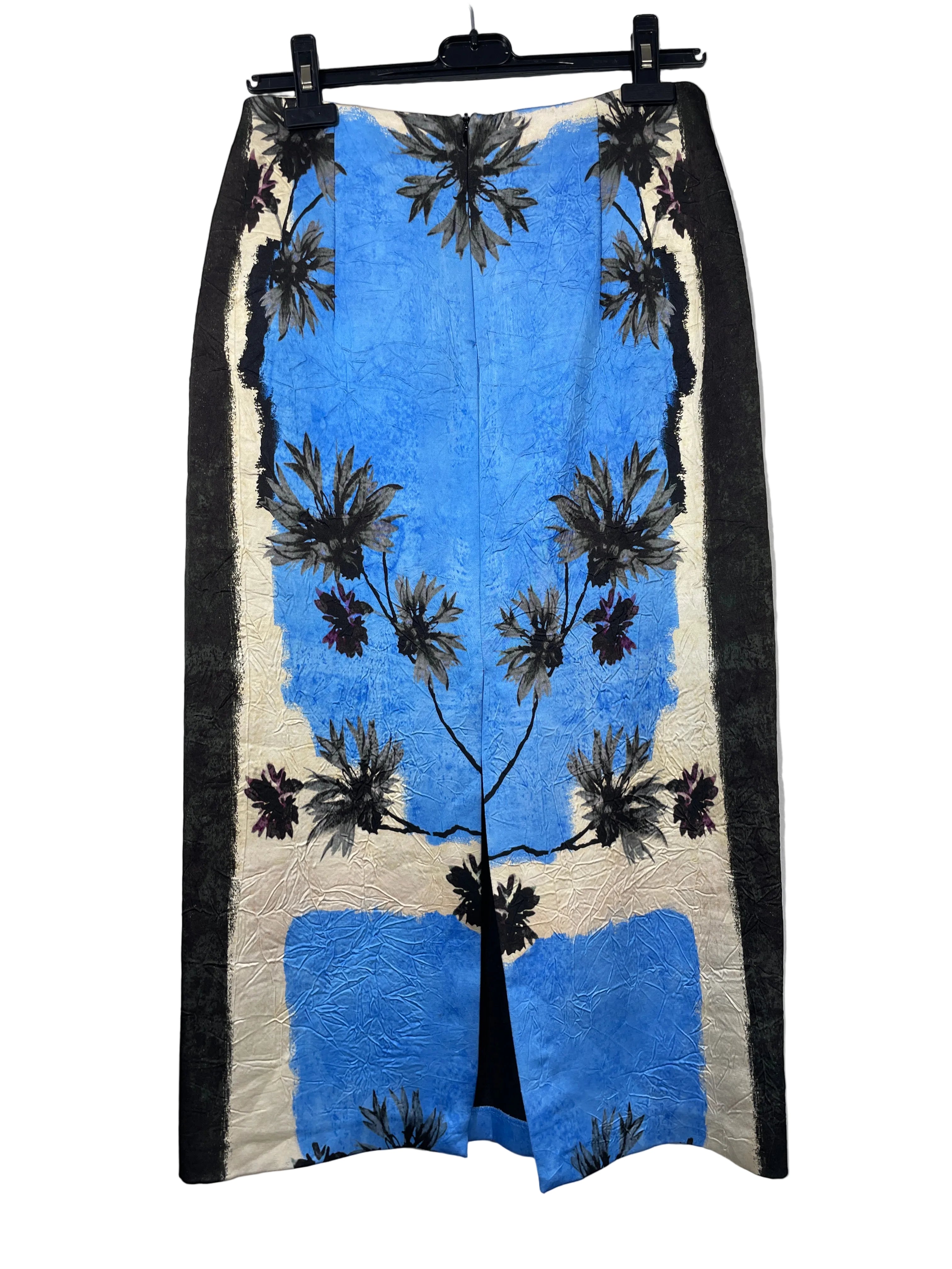 Zara blue black and cream botanical print midi skirt with centre back slit, rear view