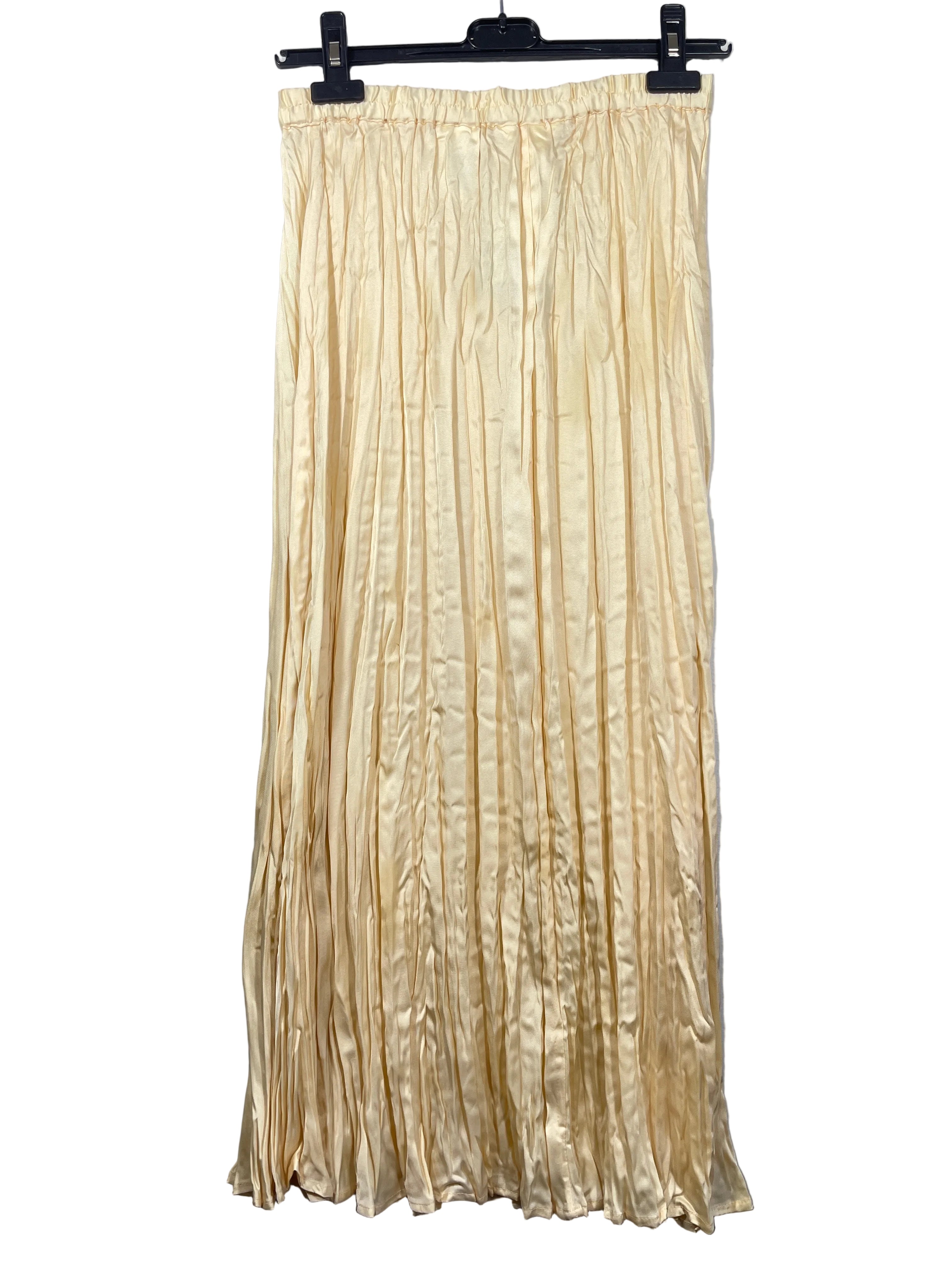 H&M champagne cream satin pleated maxi skirt with elastic waistband front view