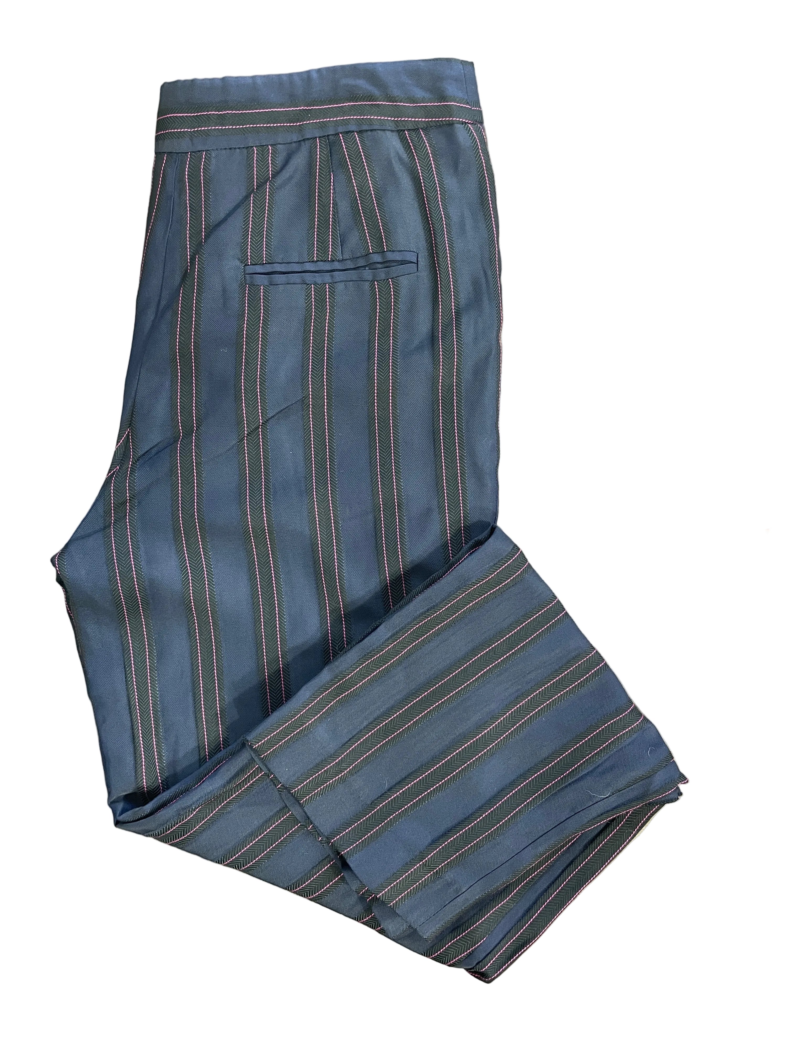 Claudie Pierlot navy blue tailored trousers with charcoal herringbone and pink pinstripes