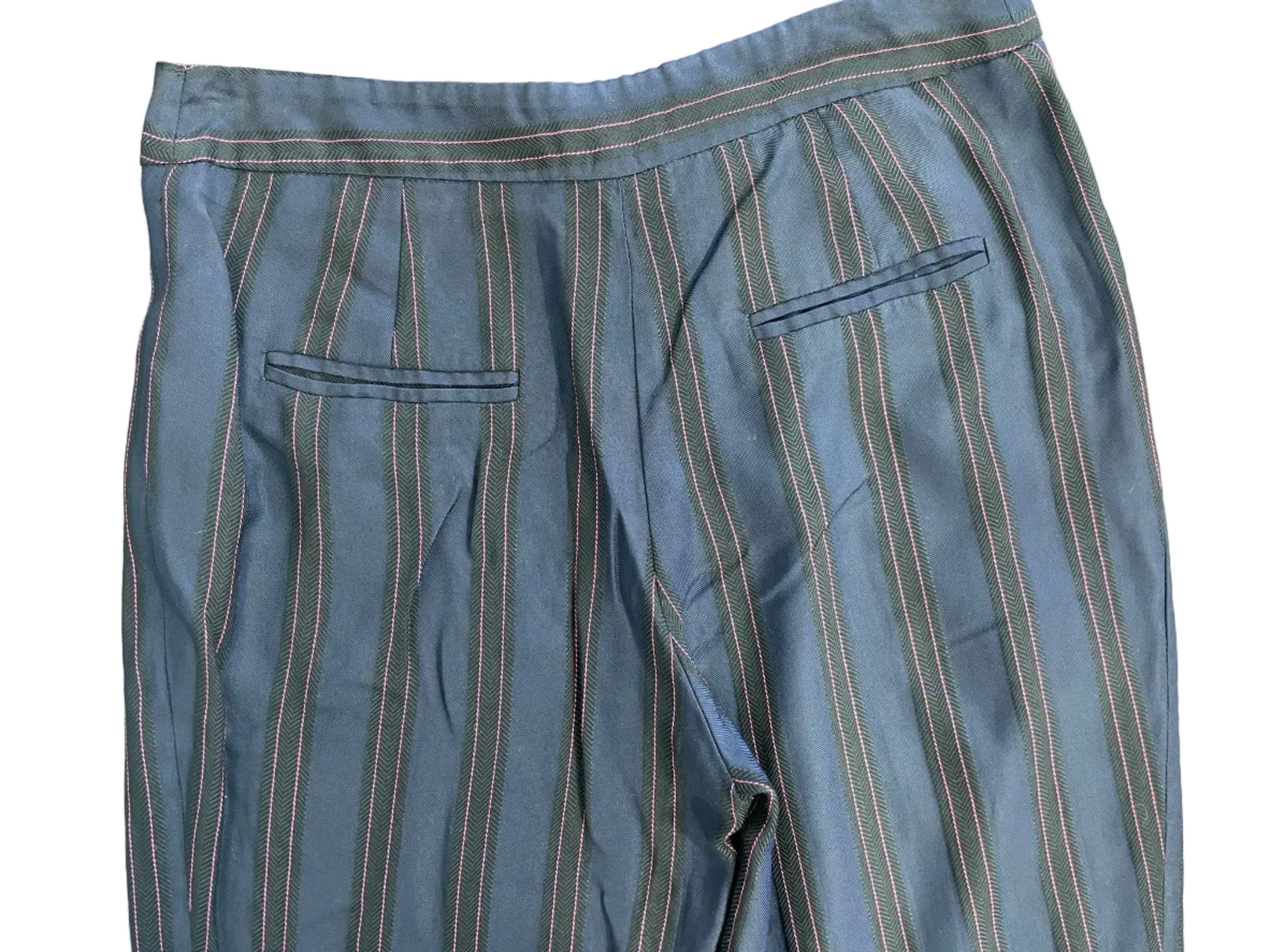 Claudie Pierlot navy pink striped trousers with belt loops and pocket detailing