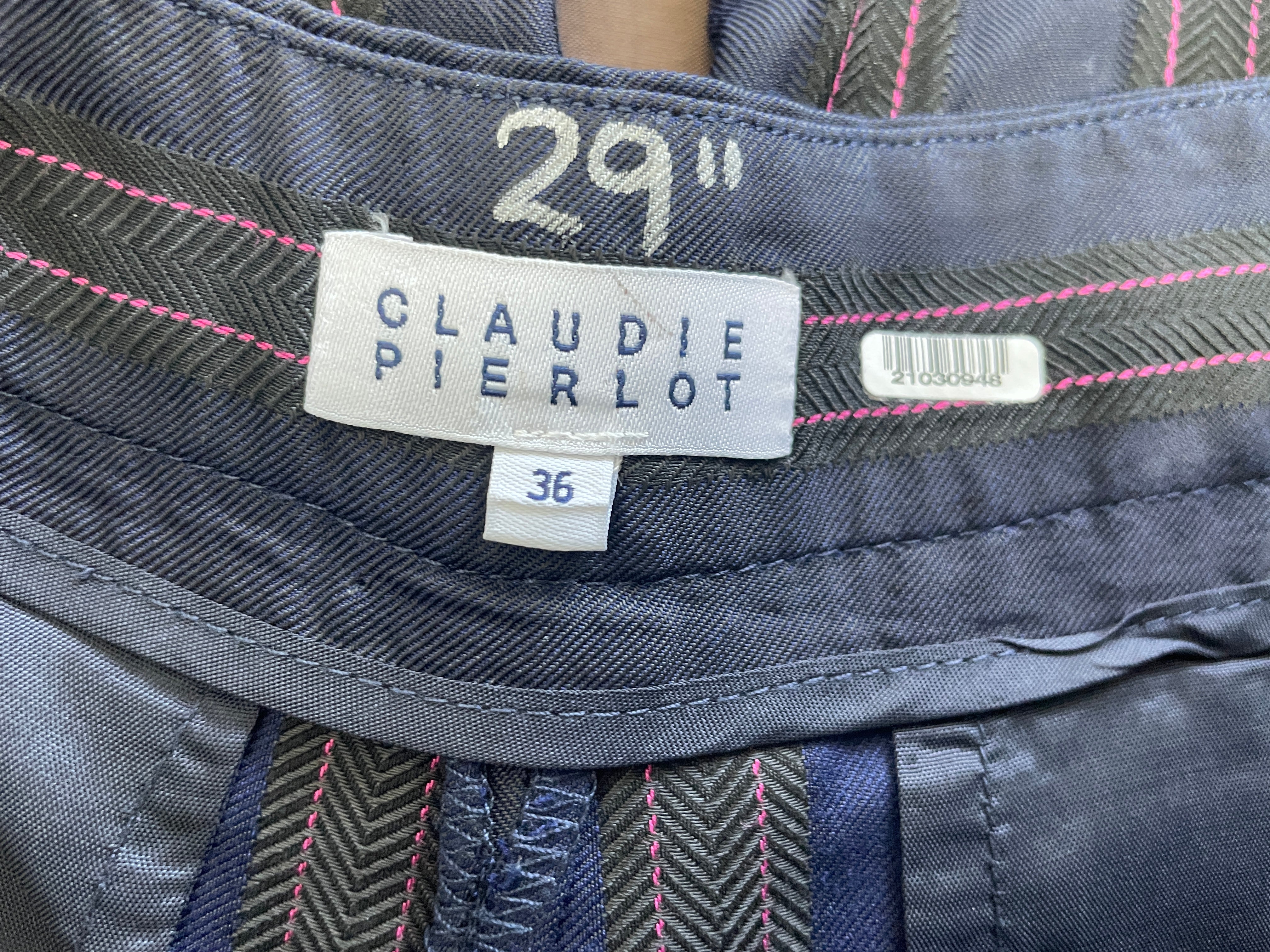 Claudie Pierlot Paris brand label showing European Size 36 inside navy trousers