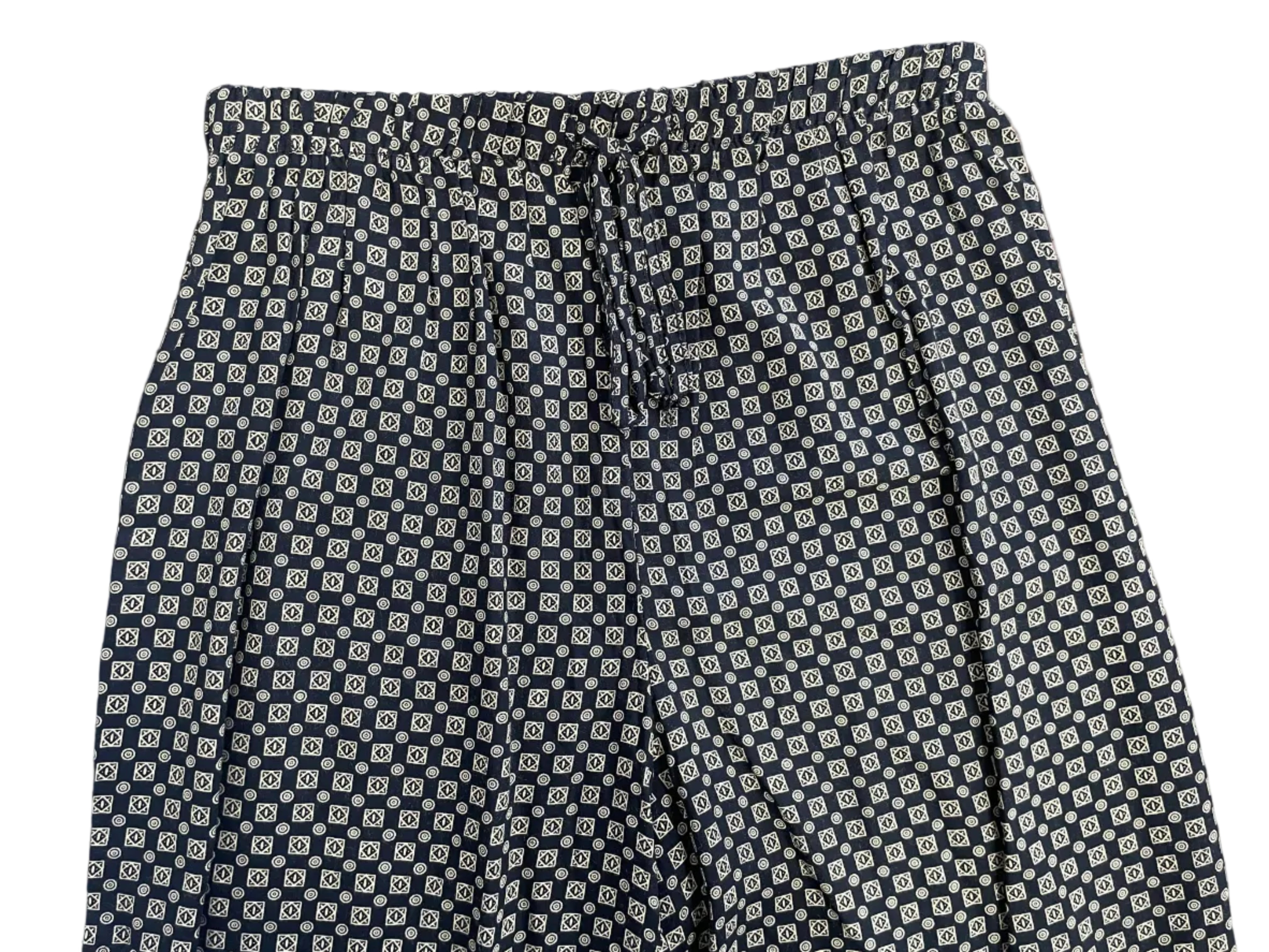 Briggs black cream patterned pants showing gathered elastic waistband and relaxed fit