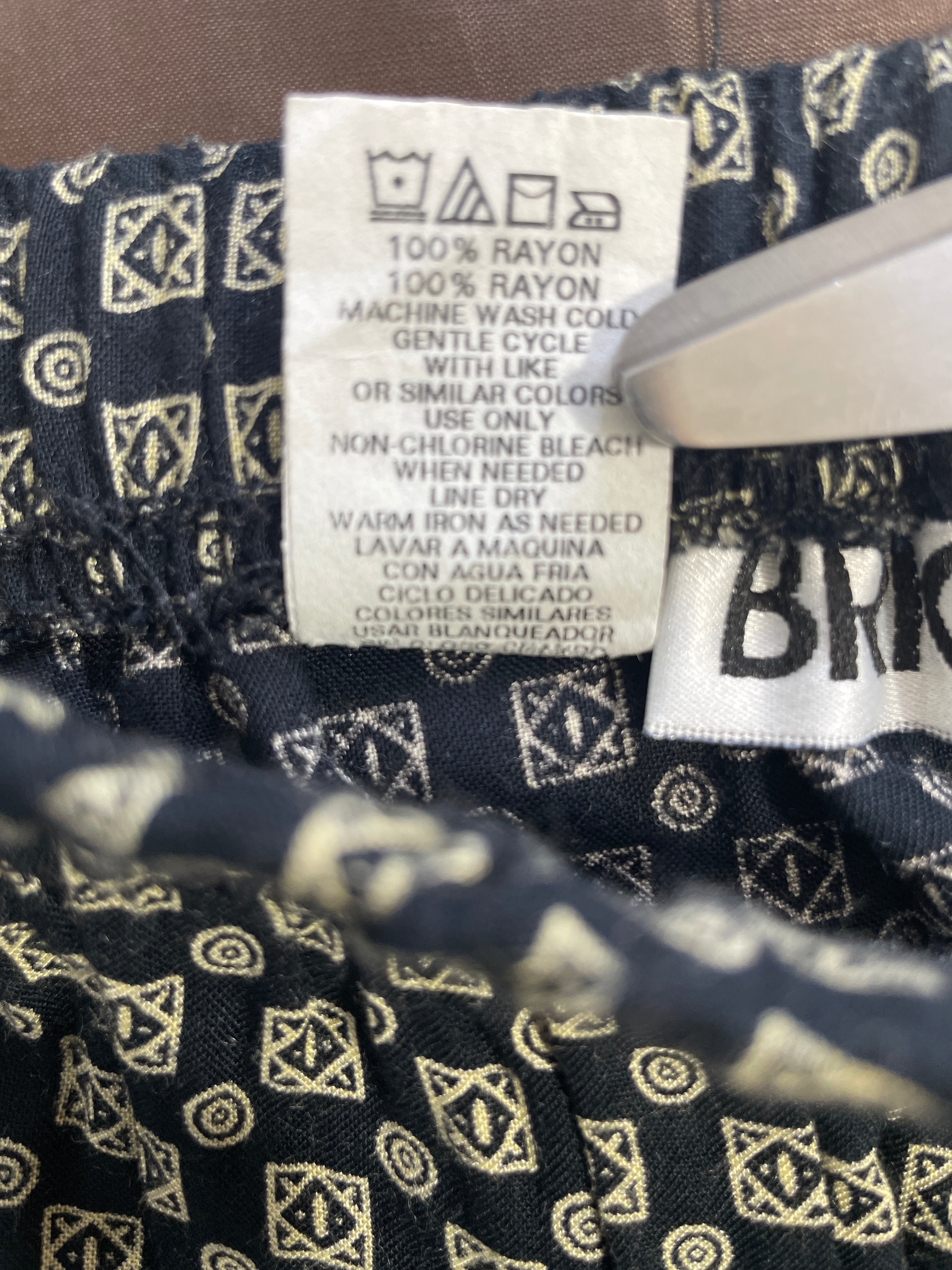 Briggs 100 percent rayon fabric composition and garment care label
