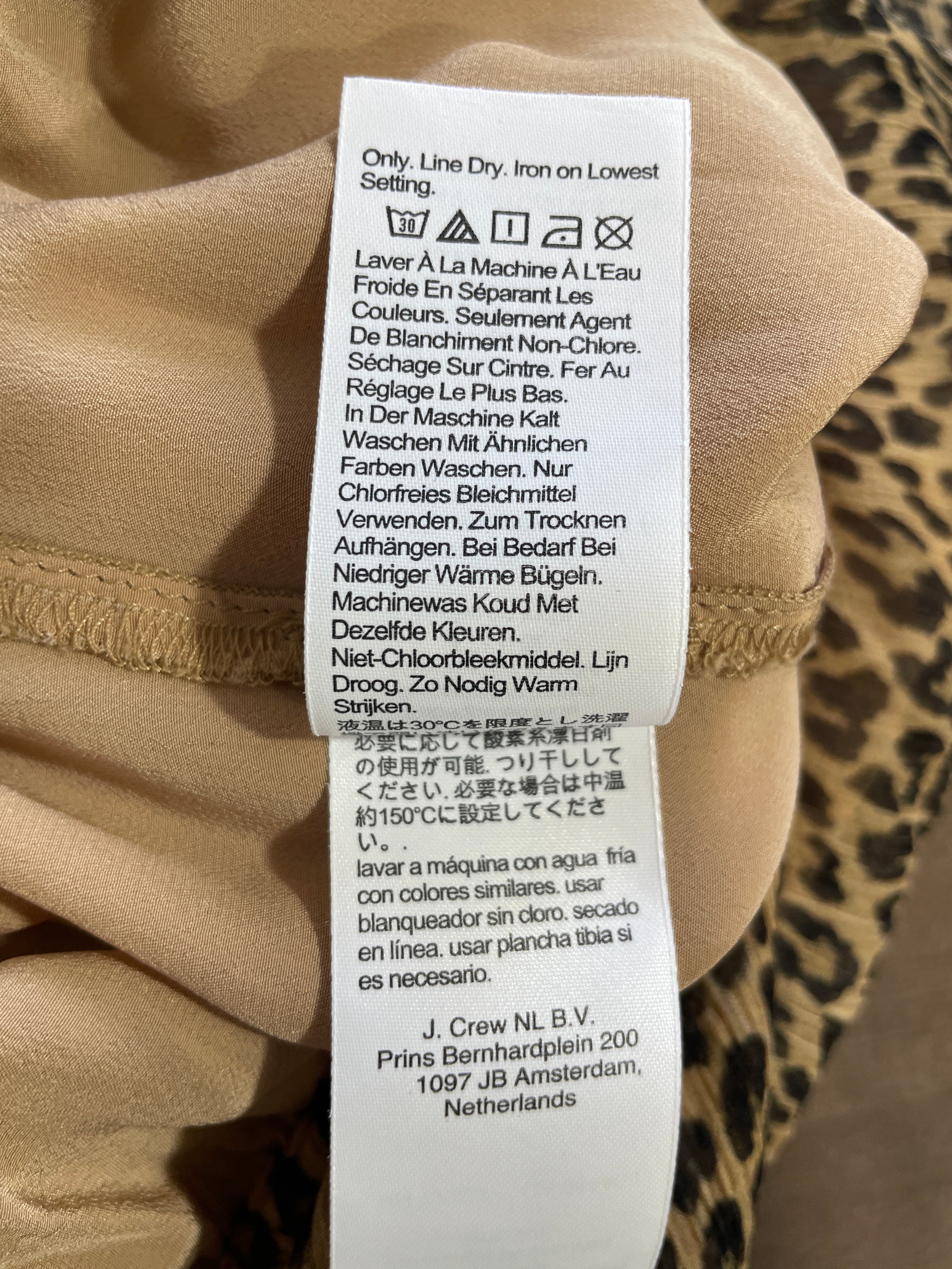 J.Crew leopard print cupro skirt care instructions label