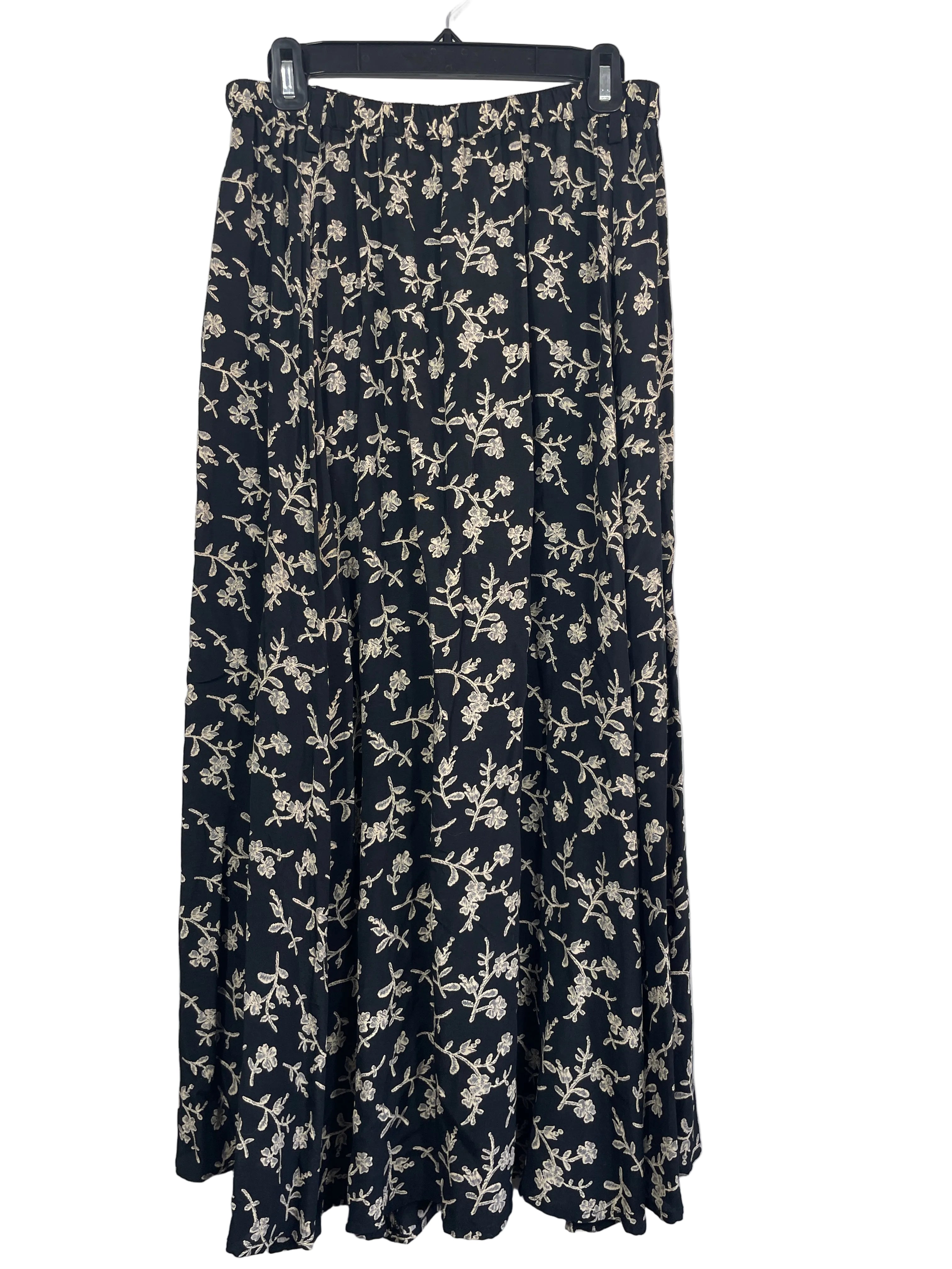 Eddie Bauer black cream floral rayon maxi skirt size Medium front view with flowing gathered silhouette