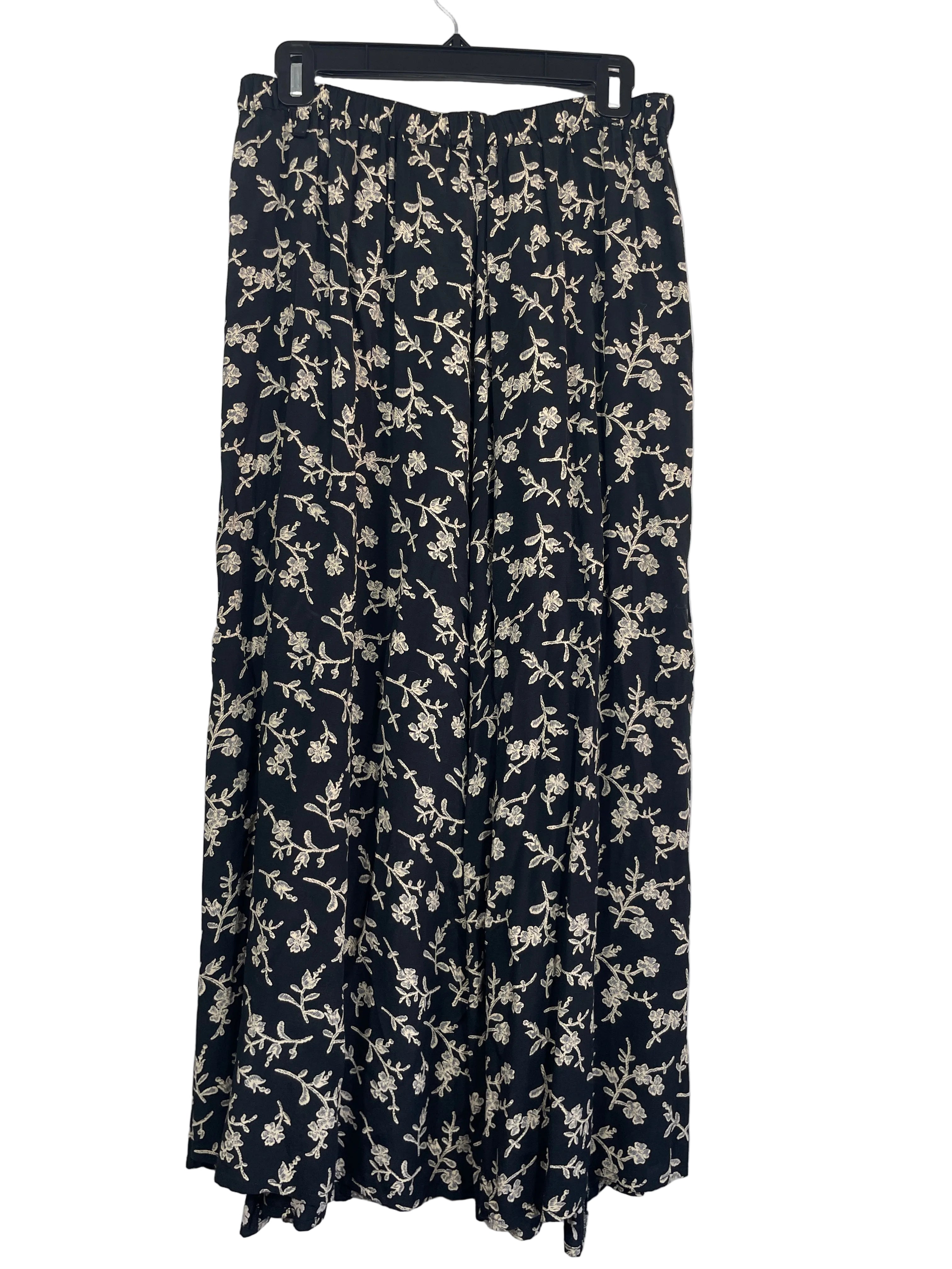 Eddie Bauer black floral maxi skirt back view showing full length and gathered elastic waistband