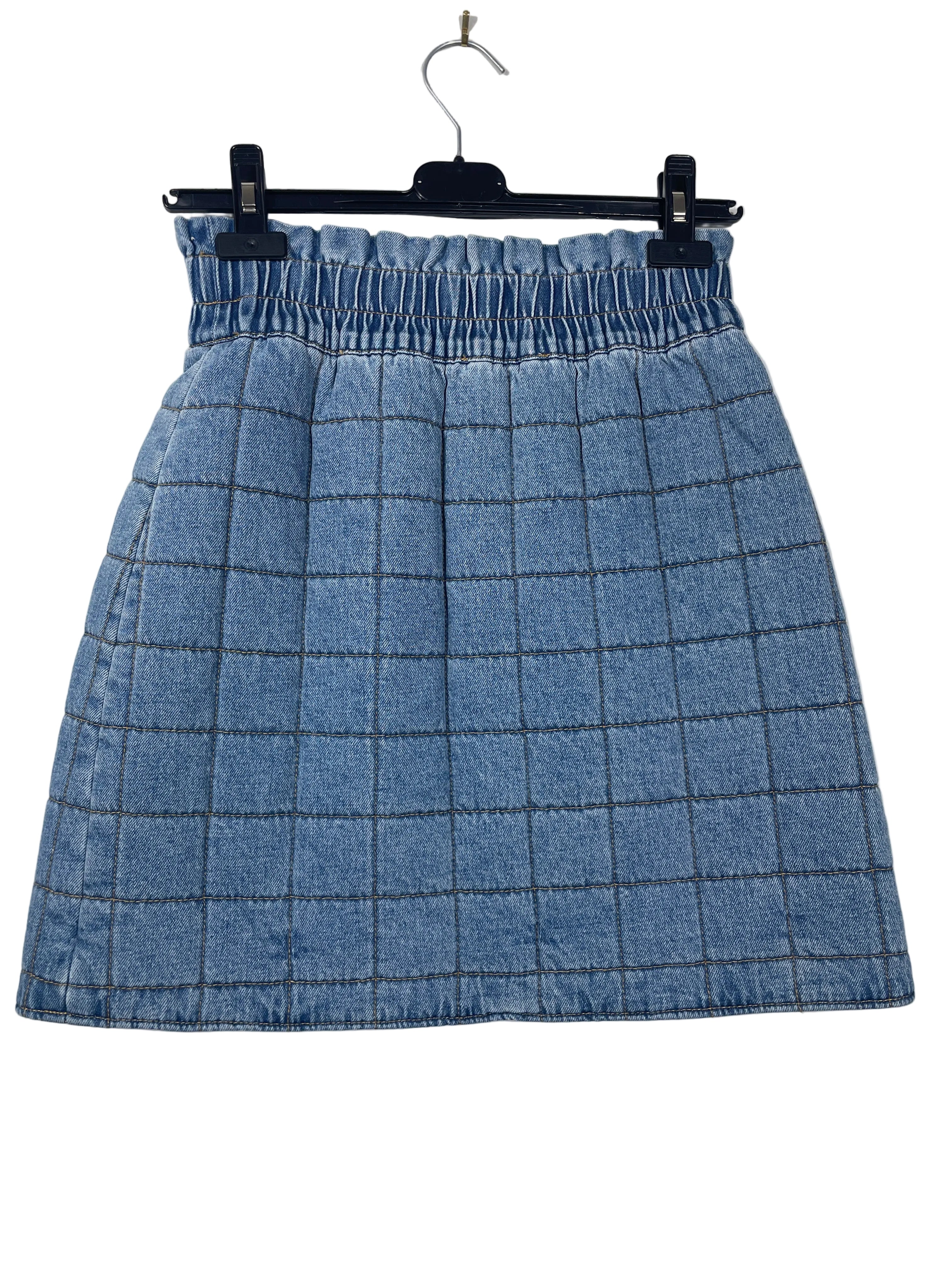 Sea New York quilted cotton denim A-line mini skirt back view with geometric grid stitching
