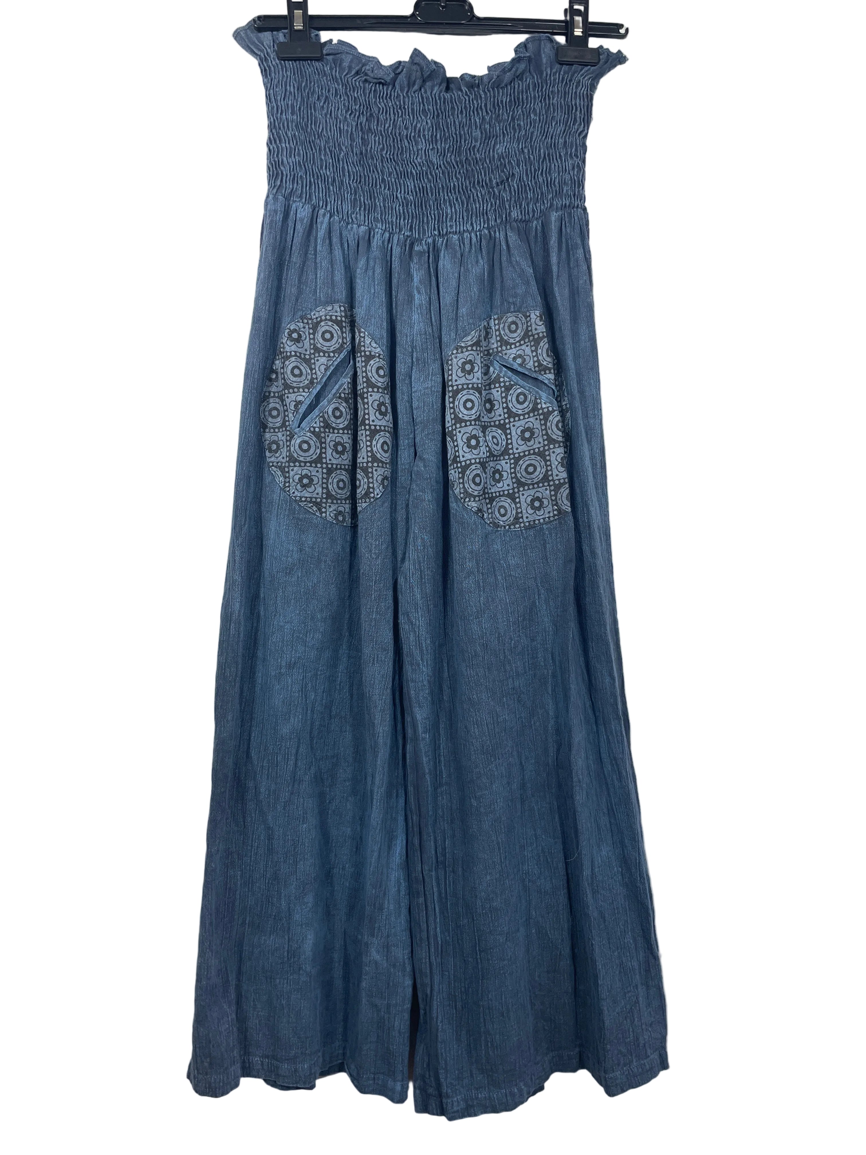 Wise blue cotton boho cropped wide leg pants with smocked waist and circular printed patch pockets
Copy
