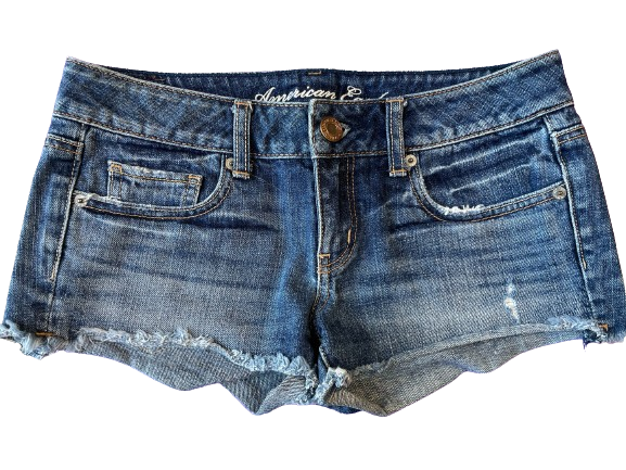 American Eagle brand distressed denim shorts with a frayed hem, button closure, and five pockets.
