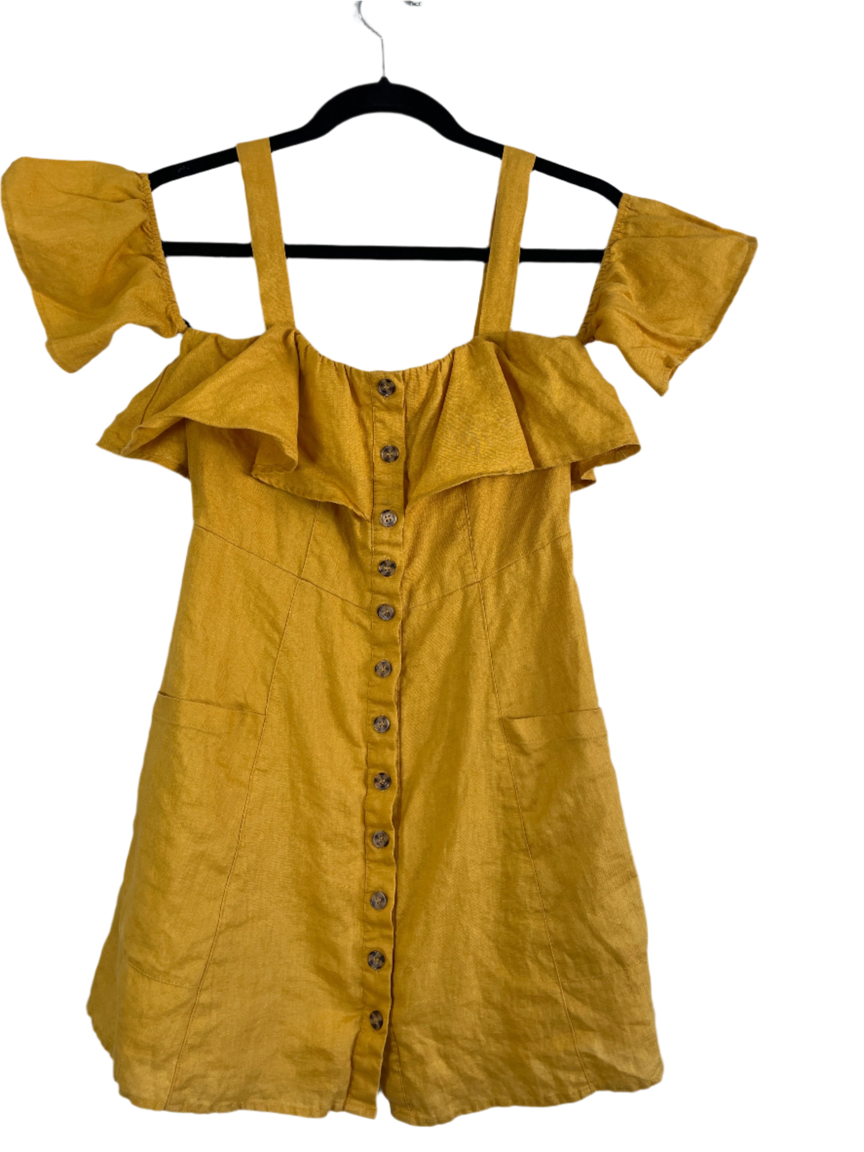 forever 21 yellow off shoulder dress Forever 21 Off-the-Shoulder Yellow Linen Dress – Size Small