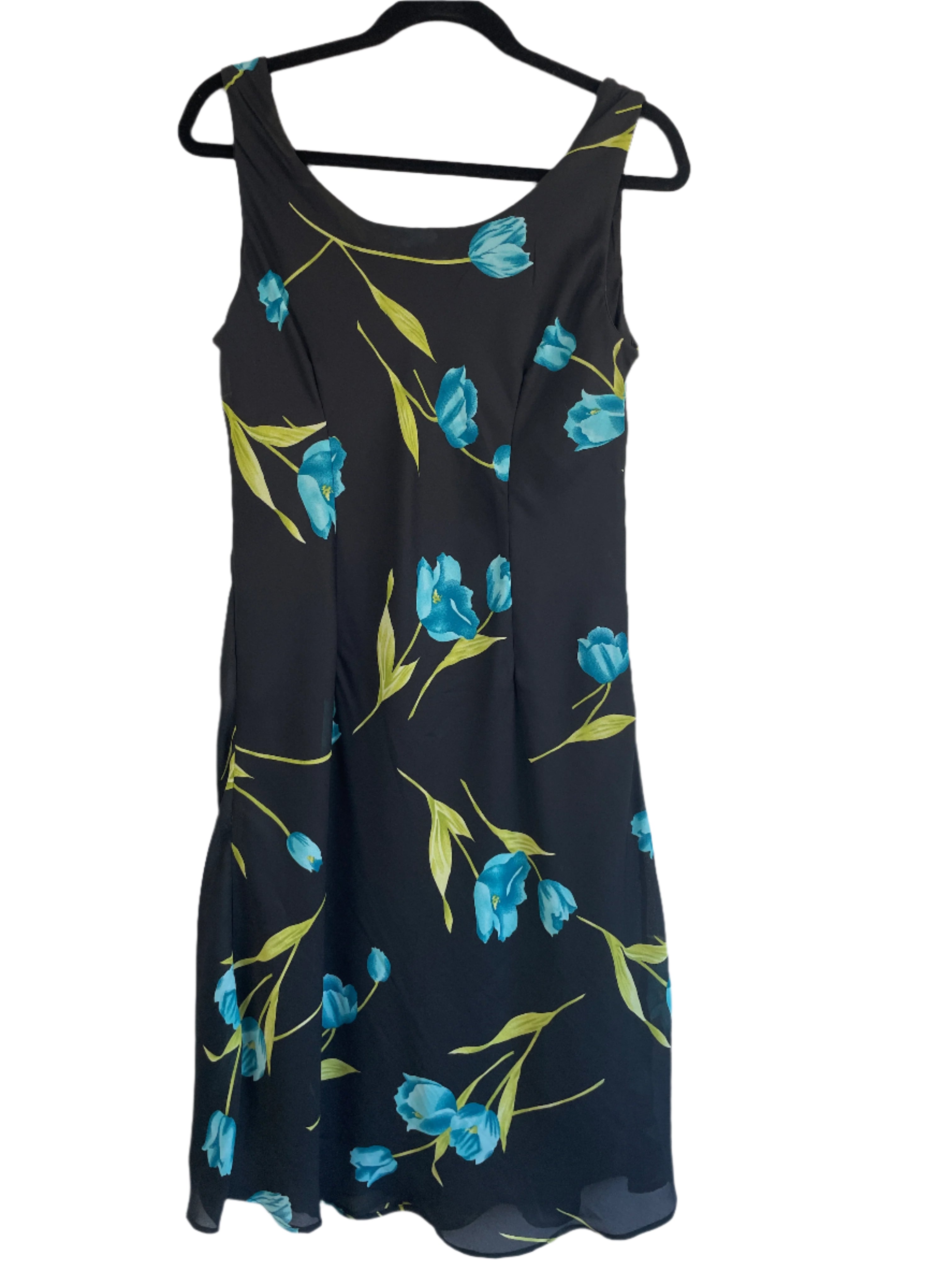 Black dress with blue floral pattern on a white background