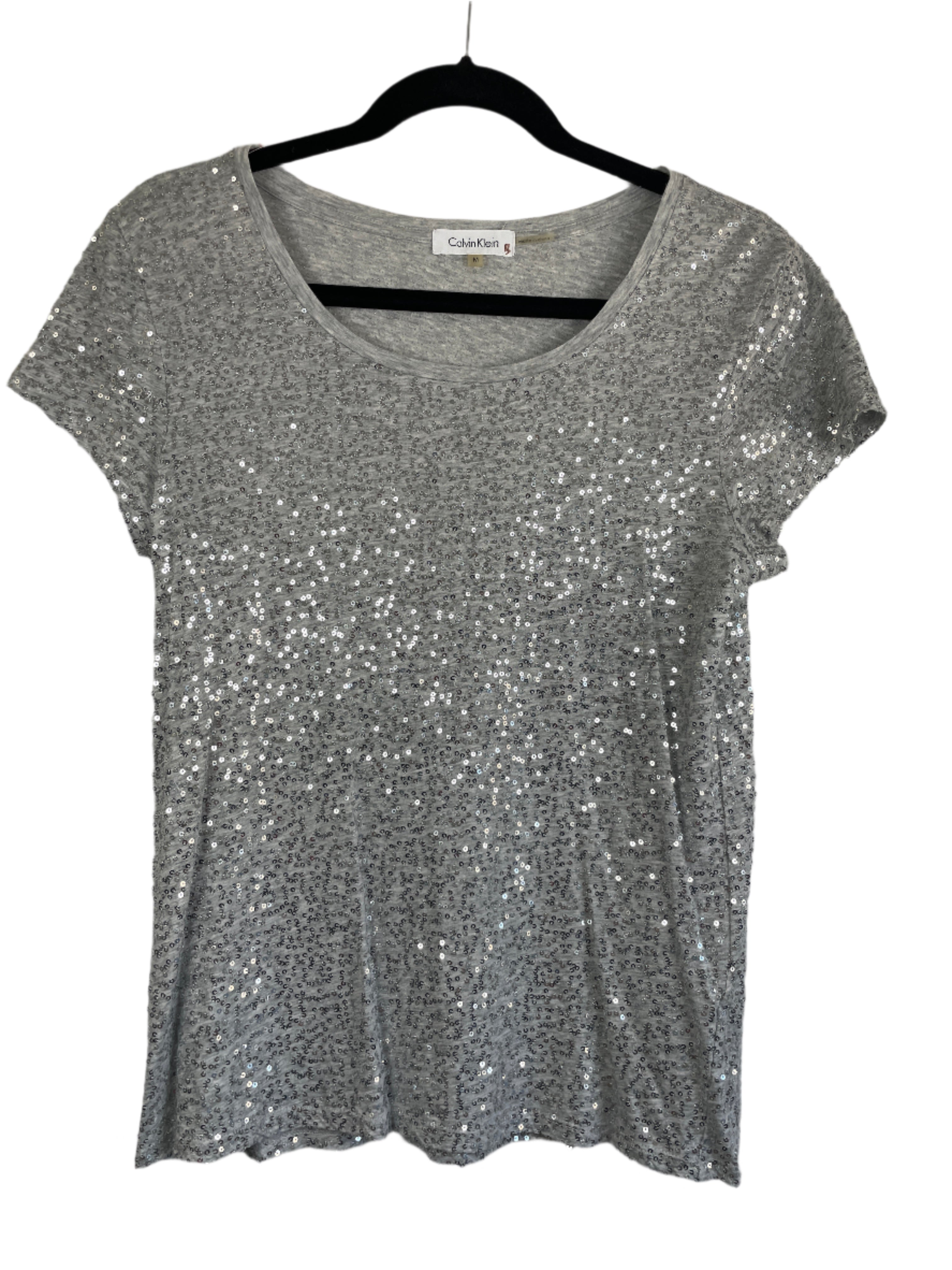 Calvin Klein short sleeve grey t-shirt with allover silver sequin embellishments, size medium.