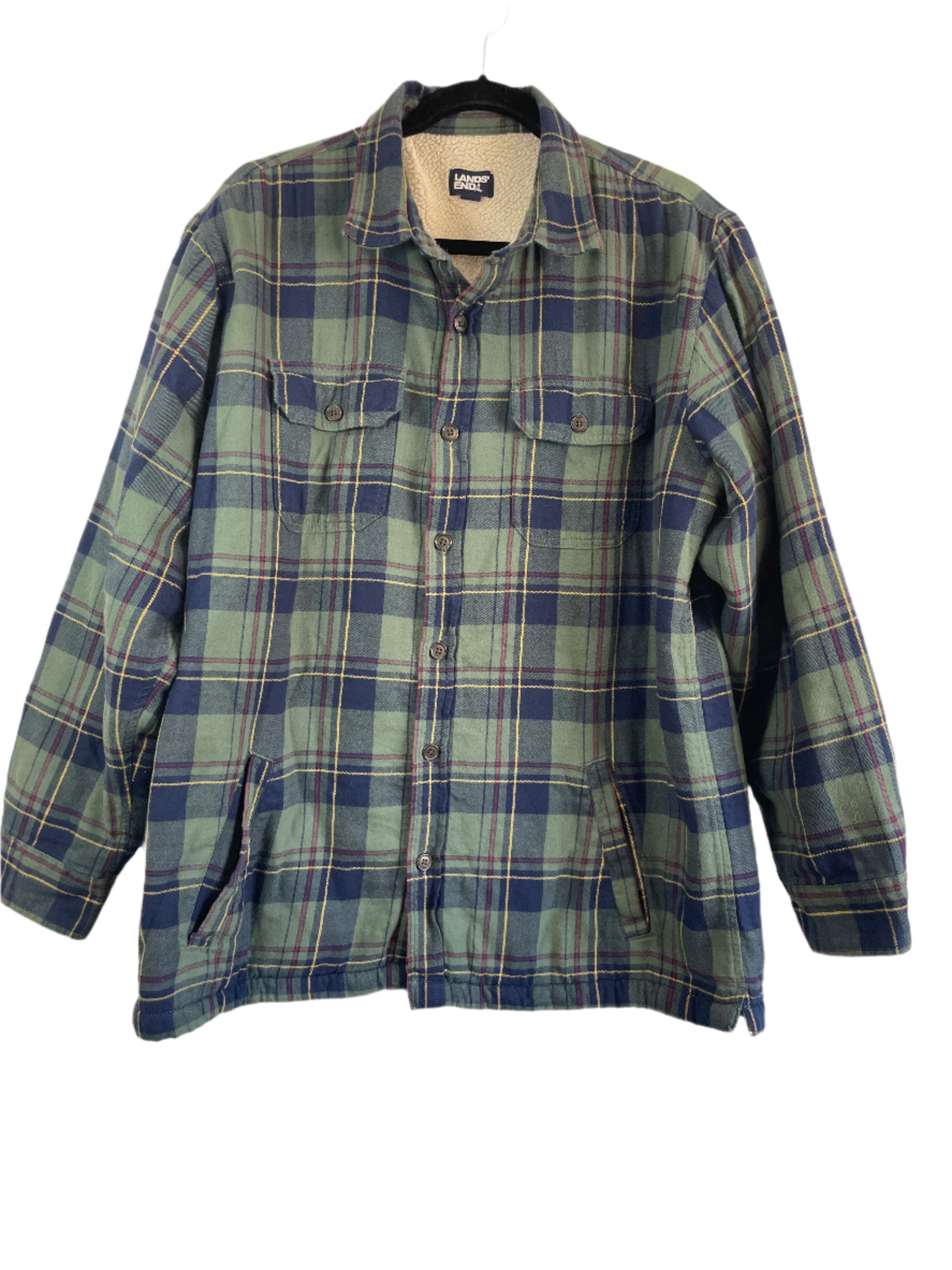 Front view of a men's Lands' End green and navy plaid sherpa-lined cotton jacket, size large.