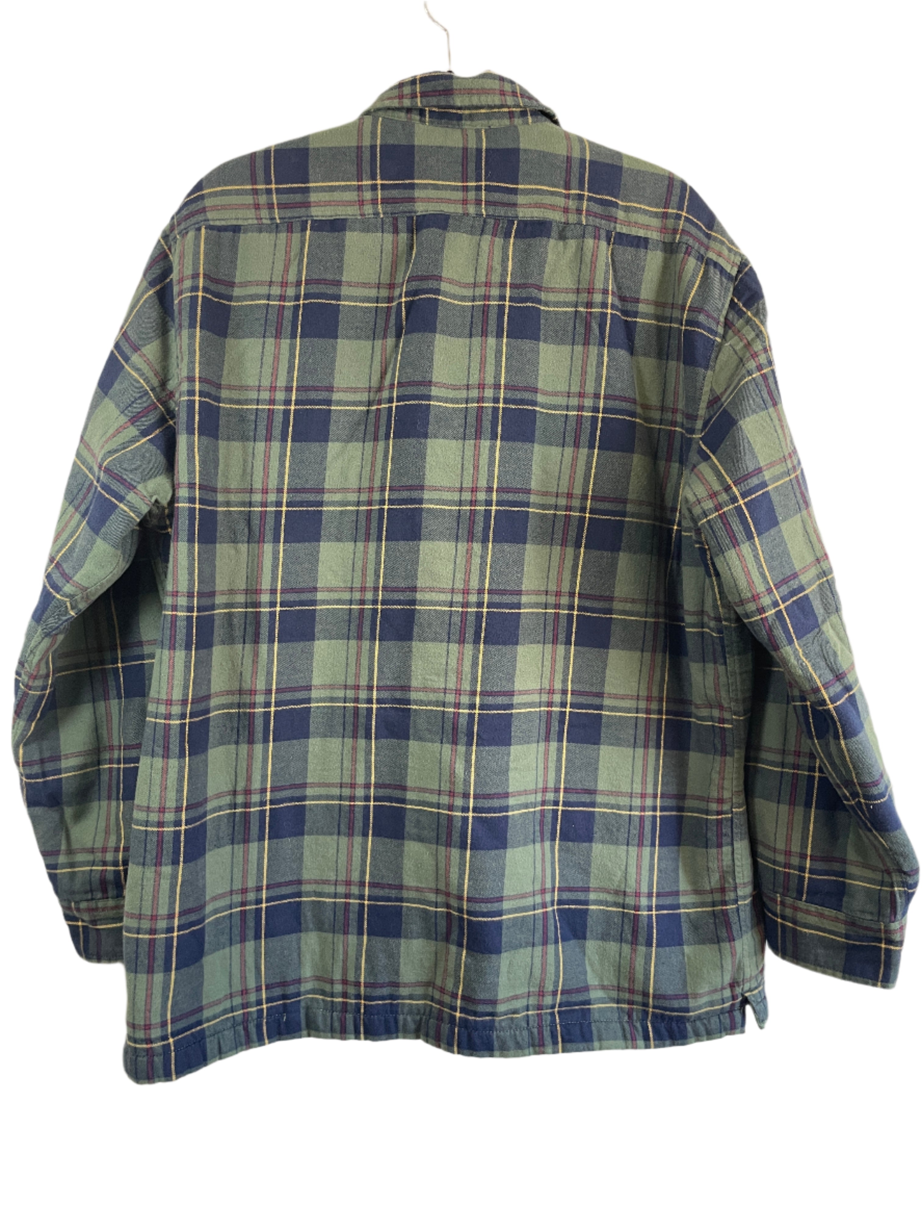 back view of a men's Lands' End green and navy plaid sherpa-lined cotton jacket, size large