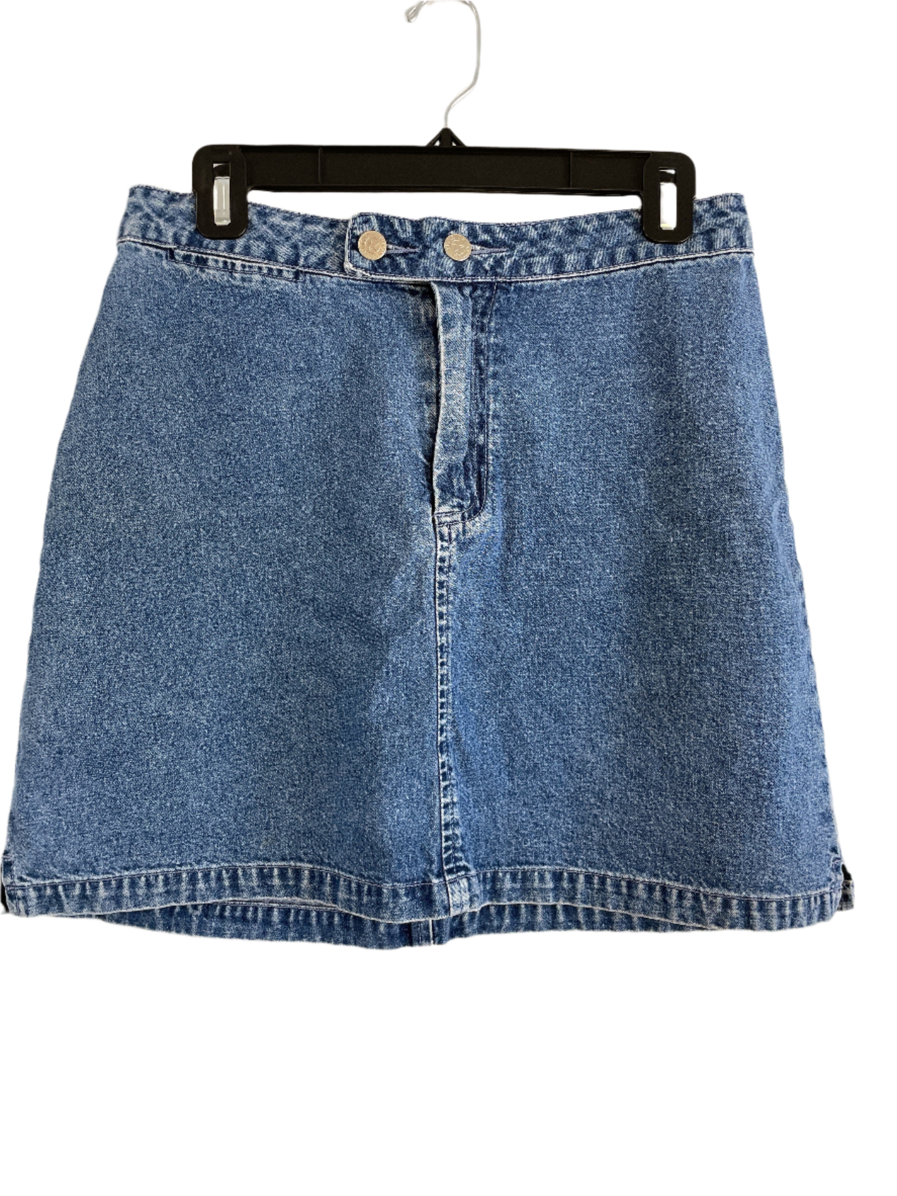 Front view of a women's Authentic Attitude denim mini skirt, size 8, with a double-button front and back patch pockets.