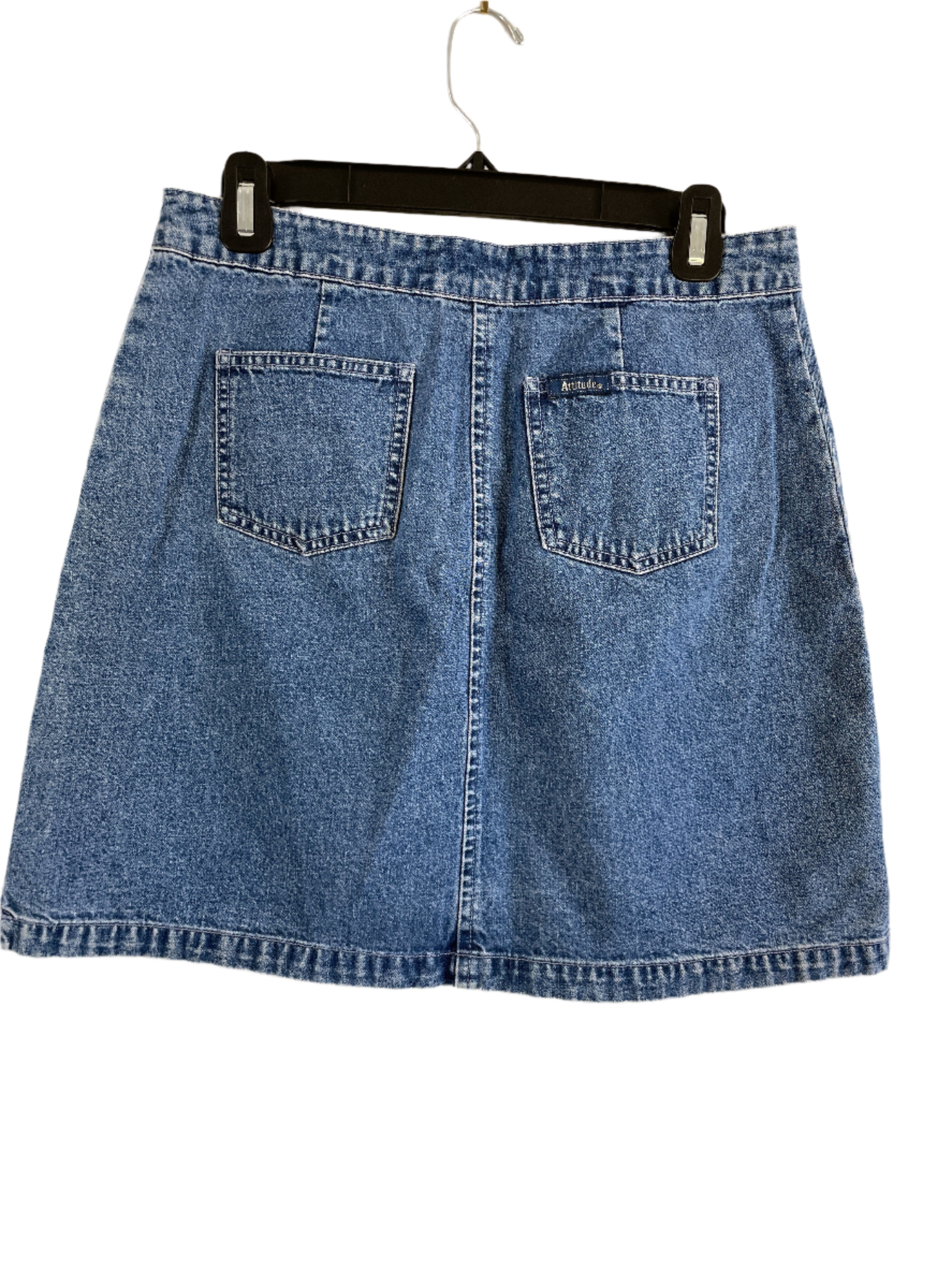 back view of a women's Authentic Attitude denim mini skirt, size 8, with a double-button front and back patch pockets.