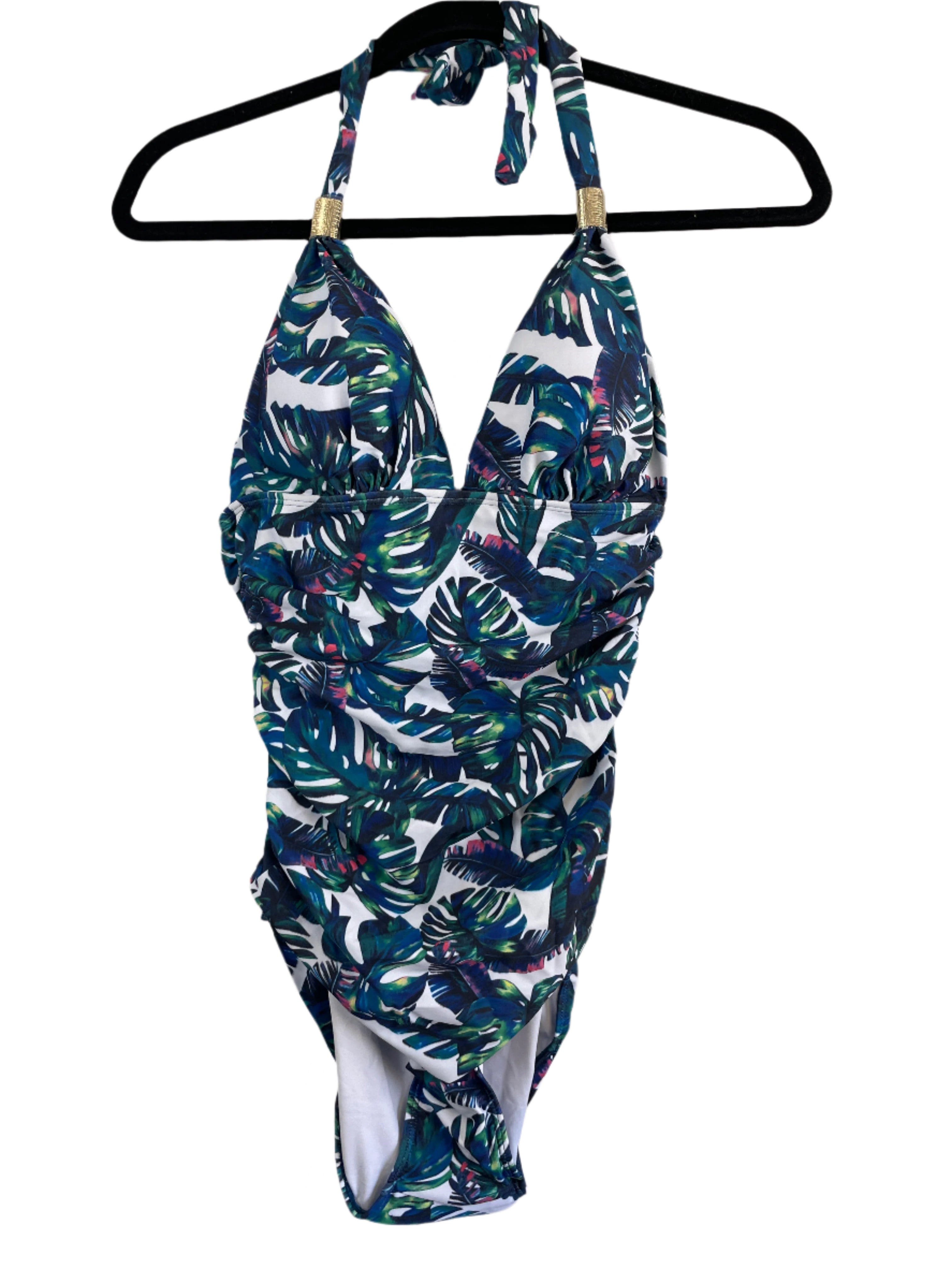 Front view of a tropical leaf print one-piece swimsuit with halter neck and padded cups, size small.