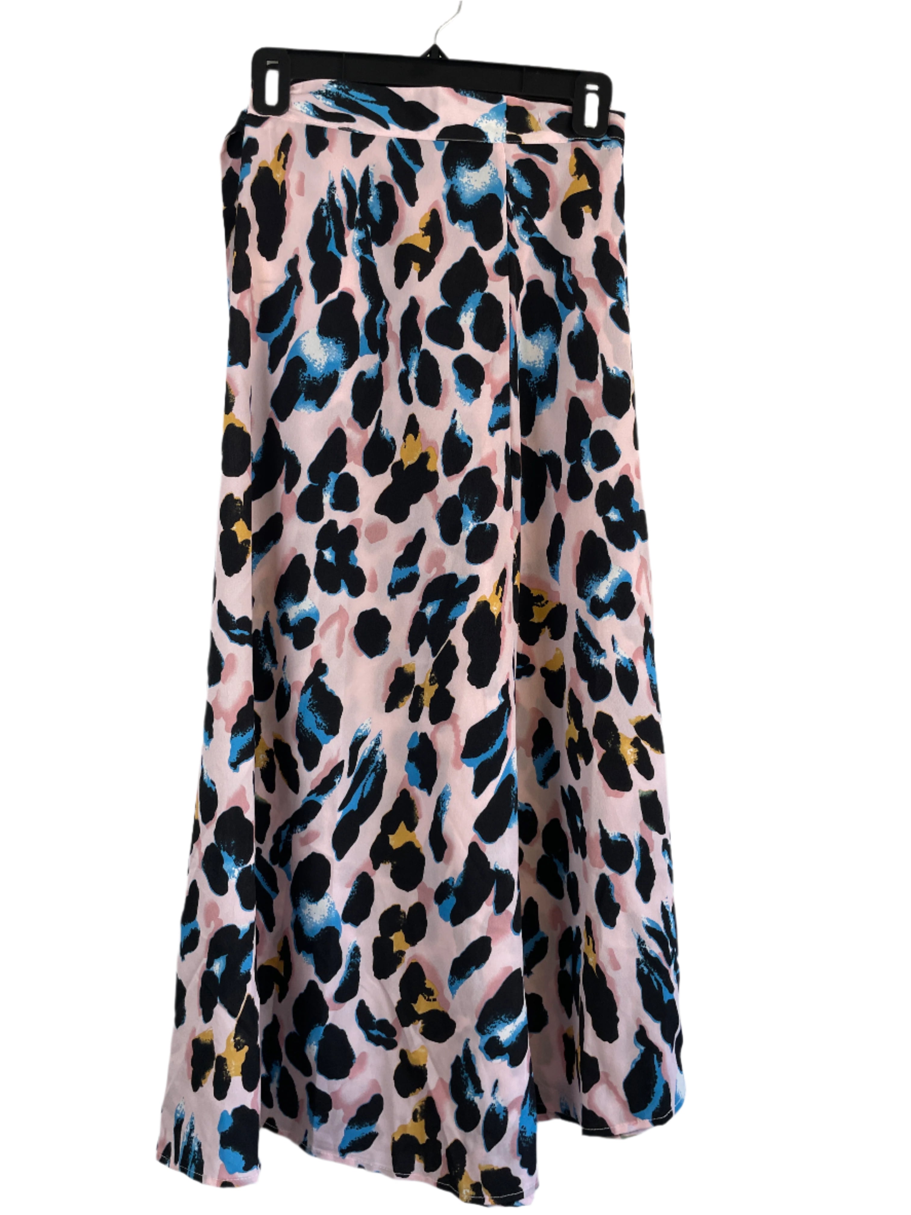 Pink leopard print wrap skirt with high-low hem by Newchoice, size large, back view