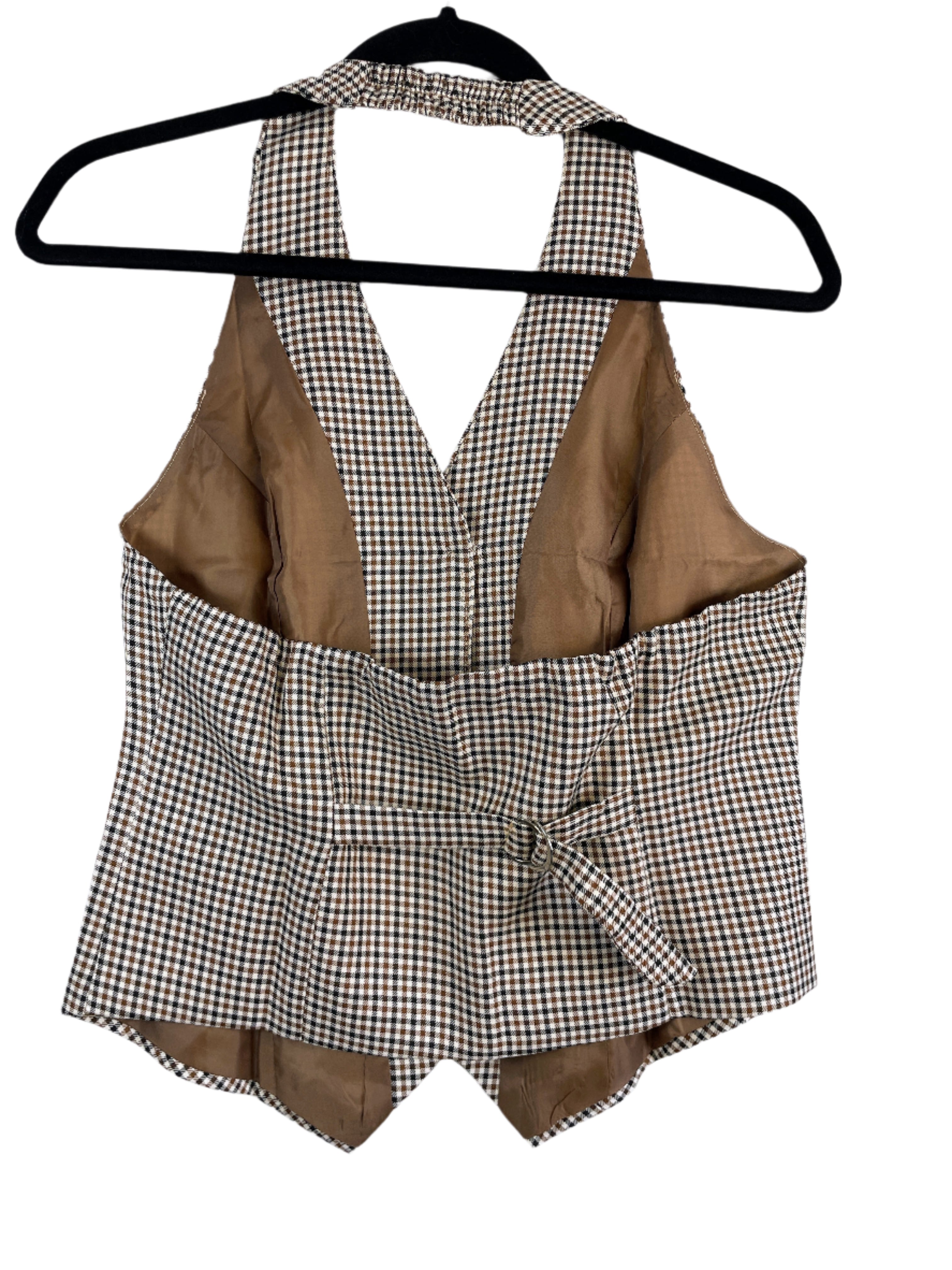 back view of a Belle Pogue women’s brown plaid halter vest with button front, elastic neck, and back waist tie, size medium.