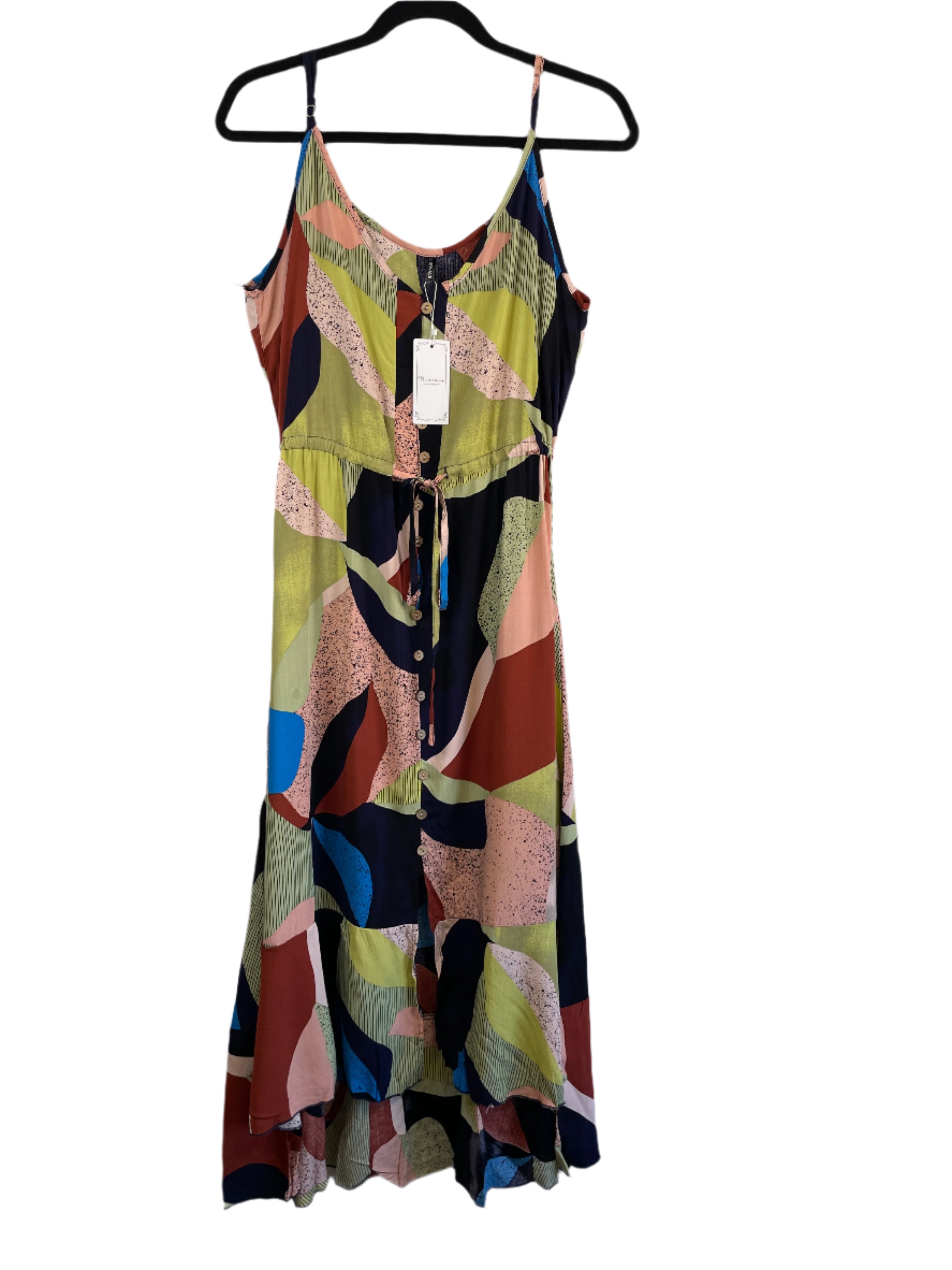 Front view of Brovave abstract print dress on hanger, new with tags