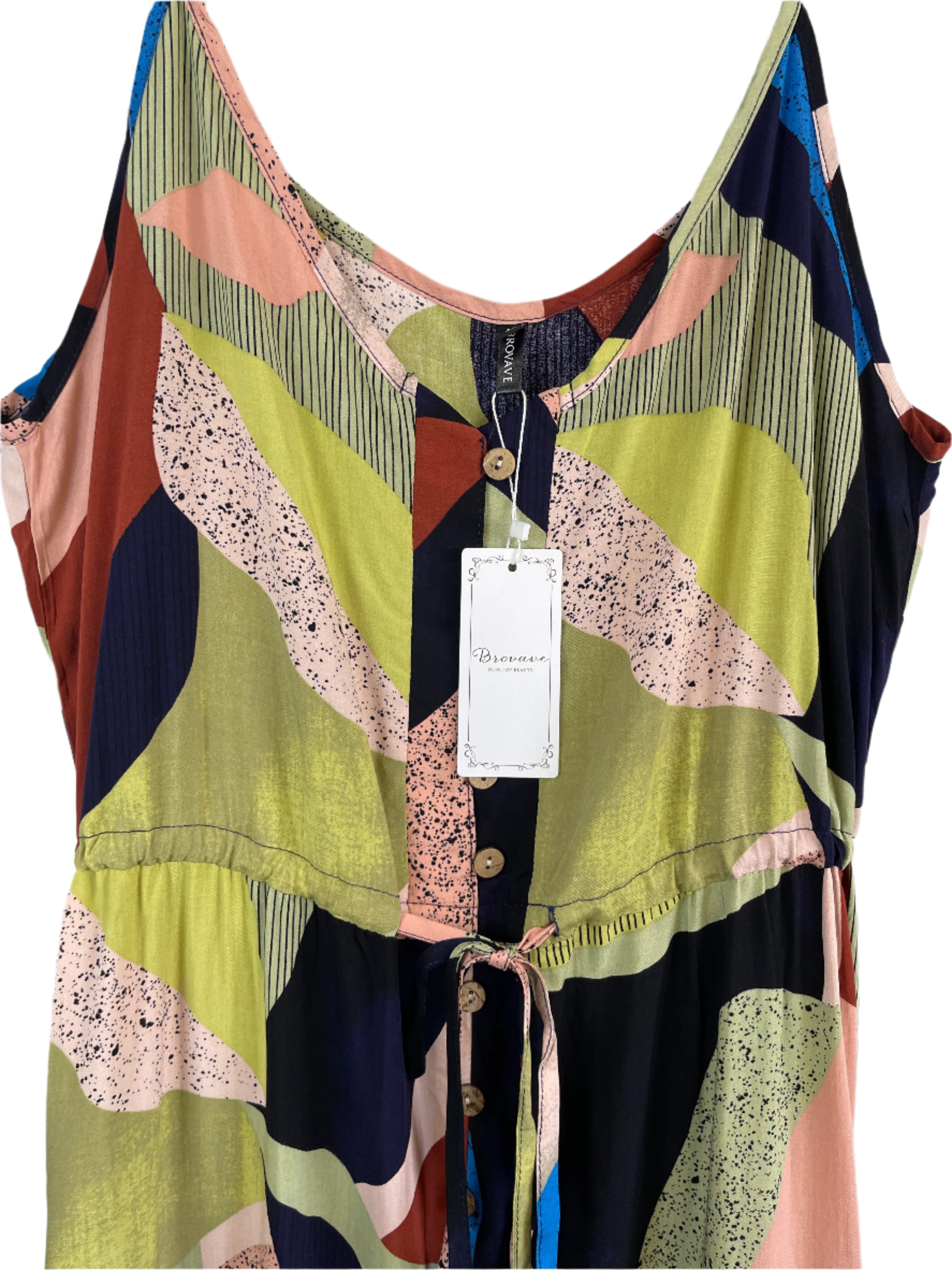 Close-up of button front and drawstring waist on Brovave dress